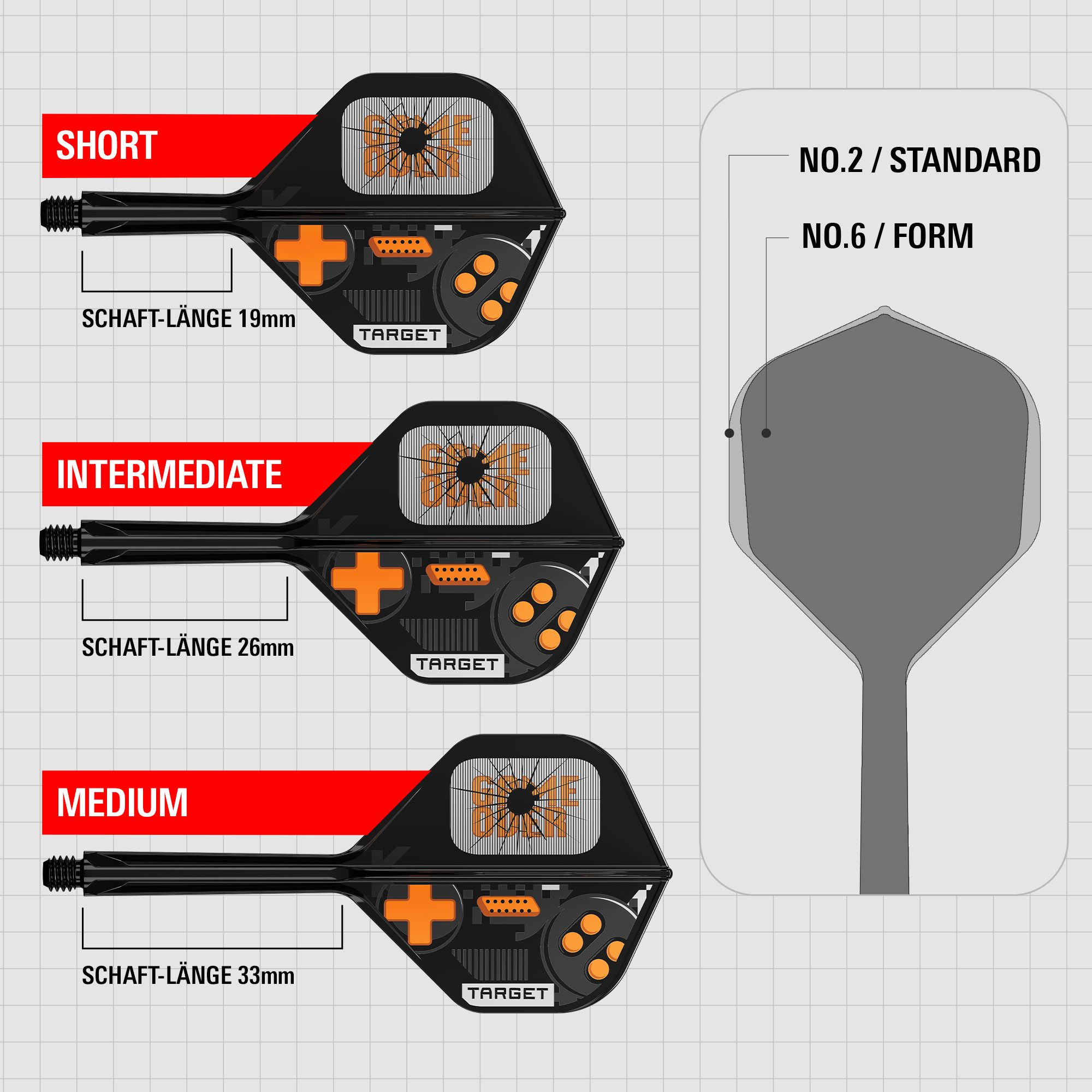 Target K-Flex Game Over No2 Standard Flights Abgebildet sind die Target K-Flex Game Over No2 Standard Flights. Diese Flights eignen sich für Dartspieler.