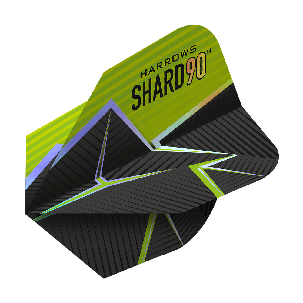 Voli Harrows Prime Shard No6 Das Bild zeigt das Produkt "Harrows Prime Shard No6 Flights". Die Flights haben ein modernes Design in Schwarz mit grünen und gelben Akzenten sowie geometrischen Mustern.