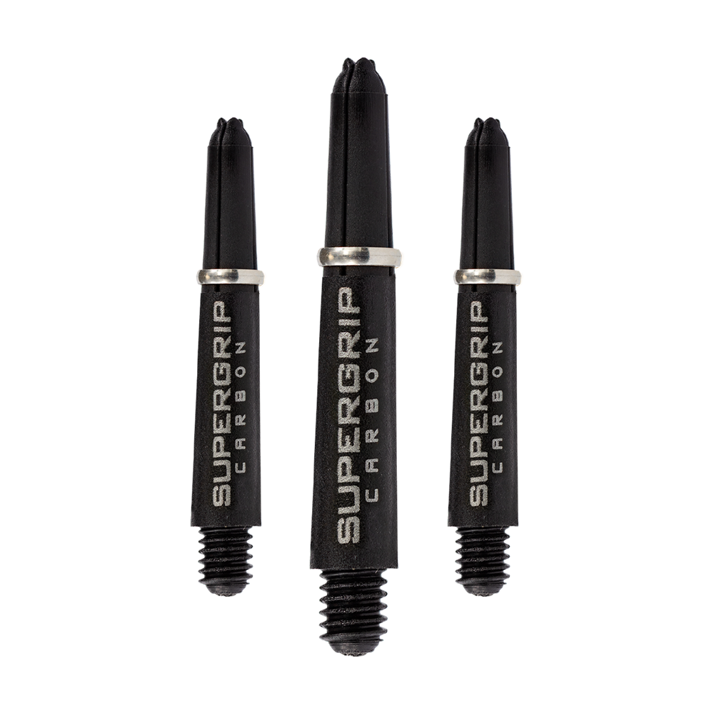 HR354_Harrows_Supergrip_Carbon_Shafts_Silber_33mm_1yympC4OYgBFdZ Das Bild zeigt drei Harrows Supergrip Carbon Shafts in Silber. Die Dartschäfte sind aus robustem Carbon gefertigt und haben ein modernes Design.