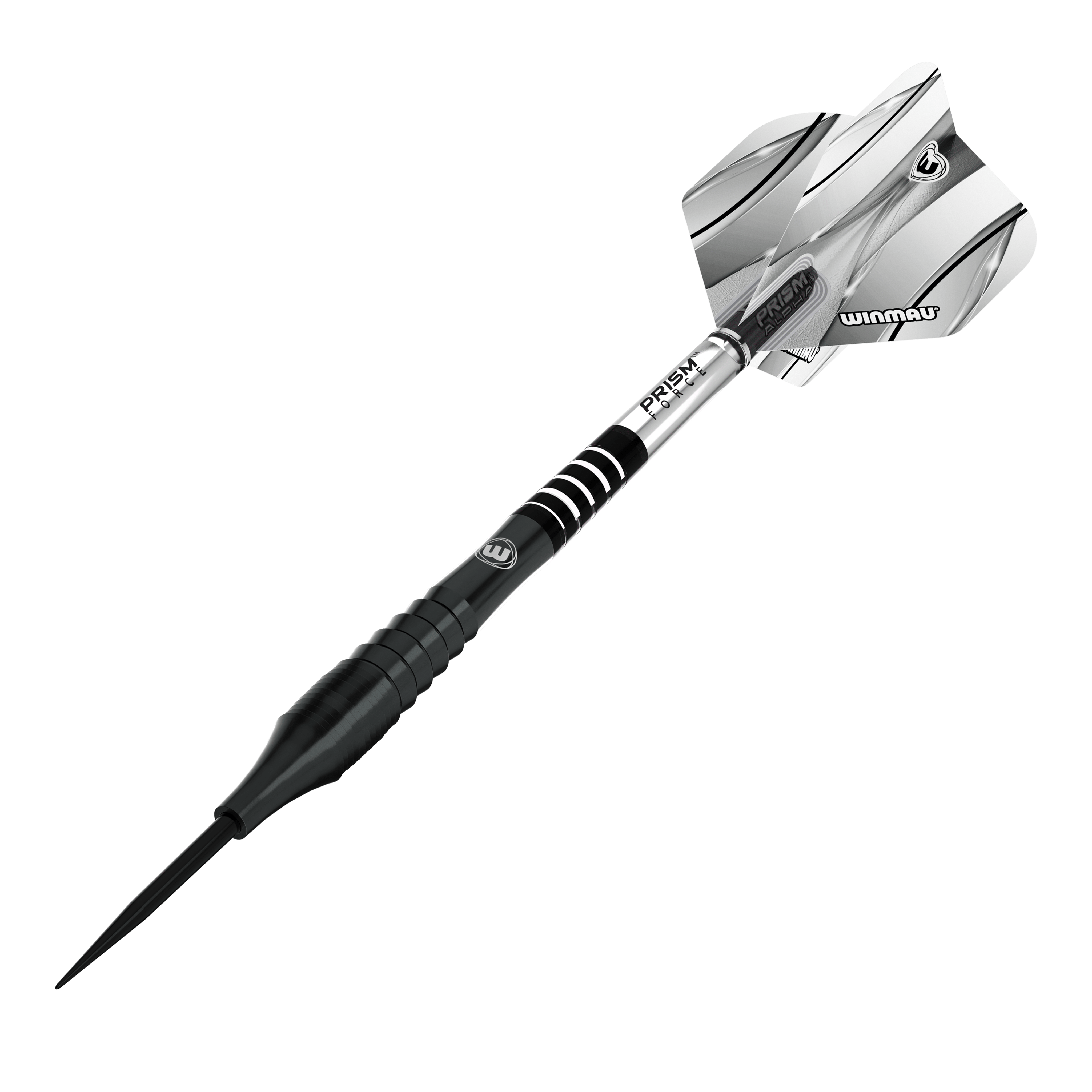 Stalowe lotki Winmau Sniper Black Das Bild zeigt einen Winmau Sniper Black Steeldart. Der Dartpfeil ist schwarz-silber und hat ein modernes Design mit Streifen und dem Winmau-Logo auf den Flights.