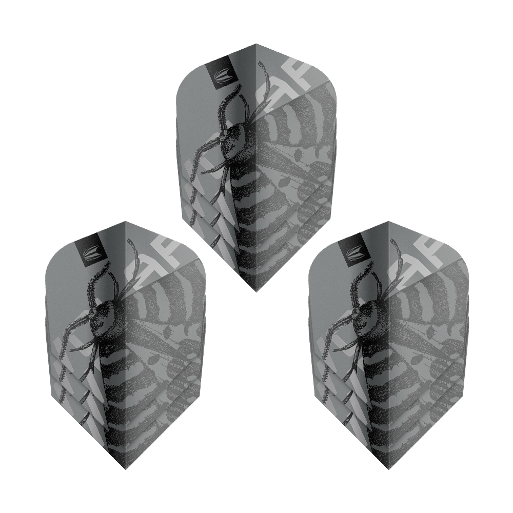 Letky Target Pro Ultra Volar Ten-X - 3 sady Das Bild zeigt drei Sets der Target Pro Ultra Volar Ten-X Flights. Die Flights haben ein auffälliges, schwarz-graues Design mit einem Insektenmotiv.