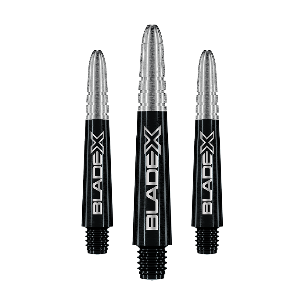 Winmau Vecta Blade X Shafts - Schwarz Gezeigt wird ein Set schwarzer Dartshafts mit der Bezeichnung Winmau Vecta Blade X, 34 mm. Das Set ist für Dartspieler geeignet.