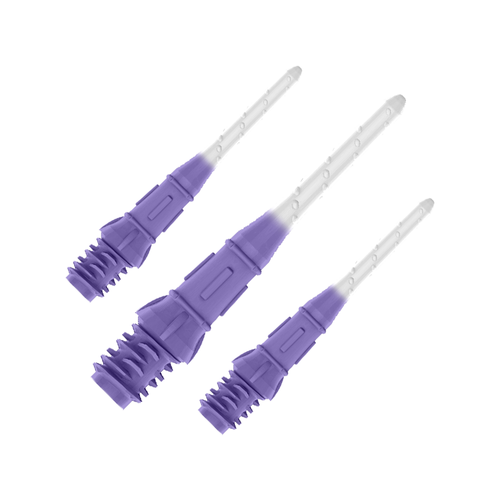 L-Style Premium Two Tone Lippoints (Pack of 30) Das Bild zeigt drei lilafarbene Dartspitzen, die nebeneinander angeordnet sind. Die Spitzen haben einen Farbverlauf von Lila zu Weiß.