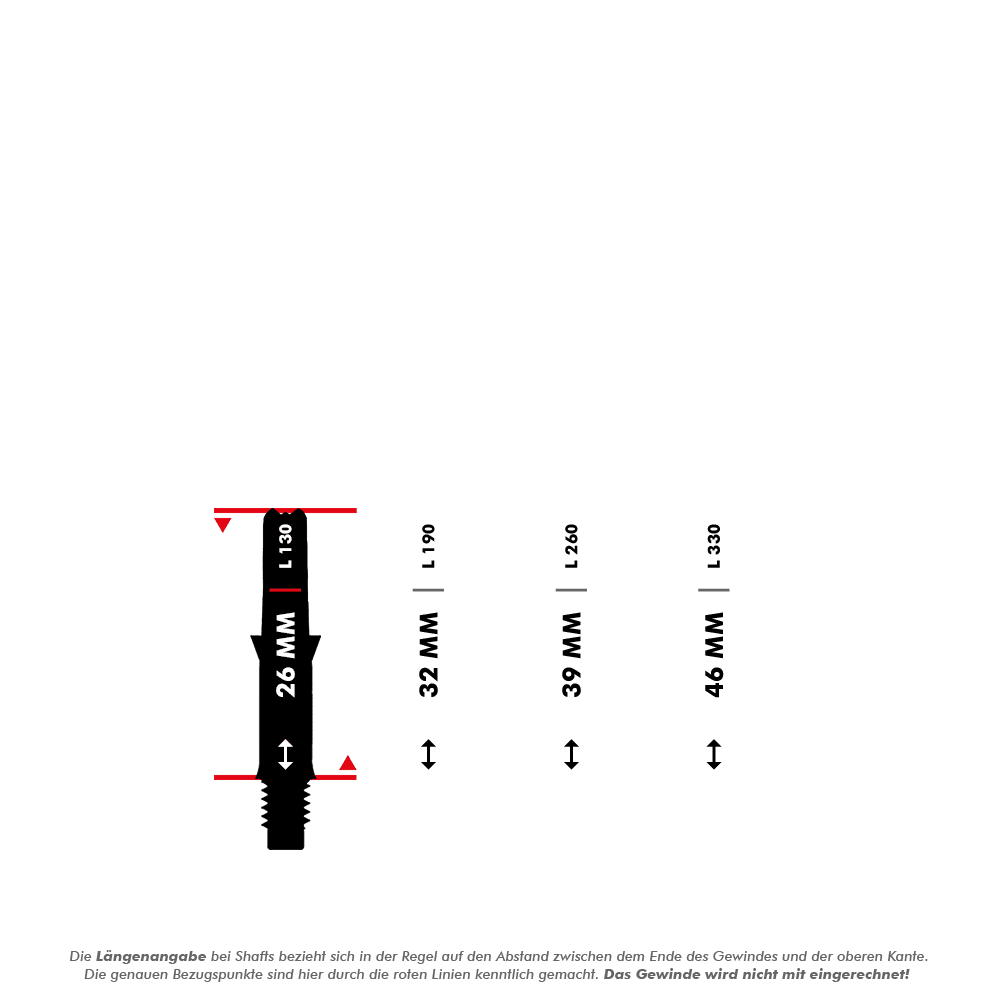 L-Style L-Shafts Silent Straight - Weiß 130 Das Bild zeigt verschiedene Längen von L-Style L-Shafts ohne Kappen, beginnend bei 26 mm. Die Längenangaben beziehen sich auf den Abstand zwischen dem Gewindeende und der oberen Kante, das Gewinde selbst wird nicht mitgerechnet.