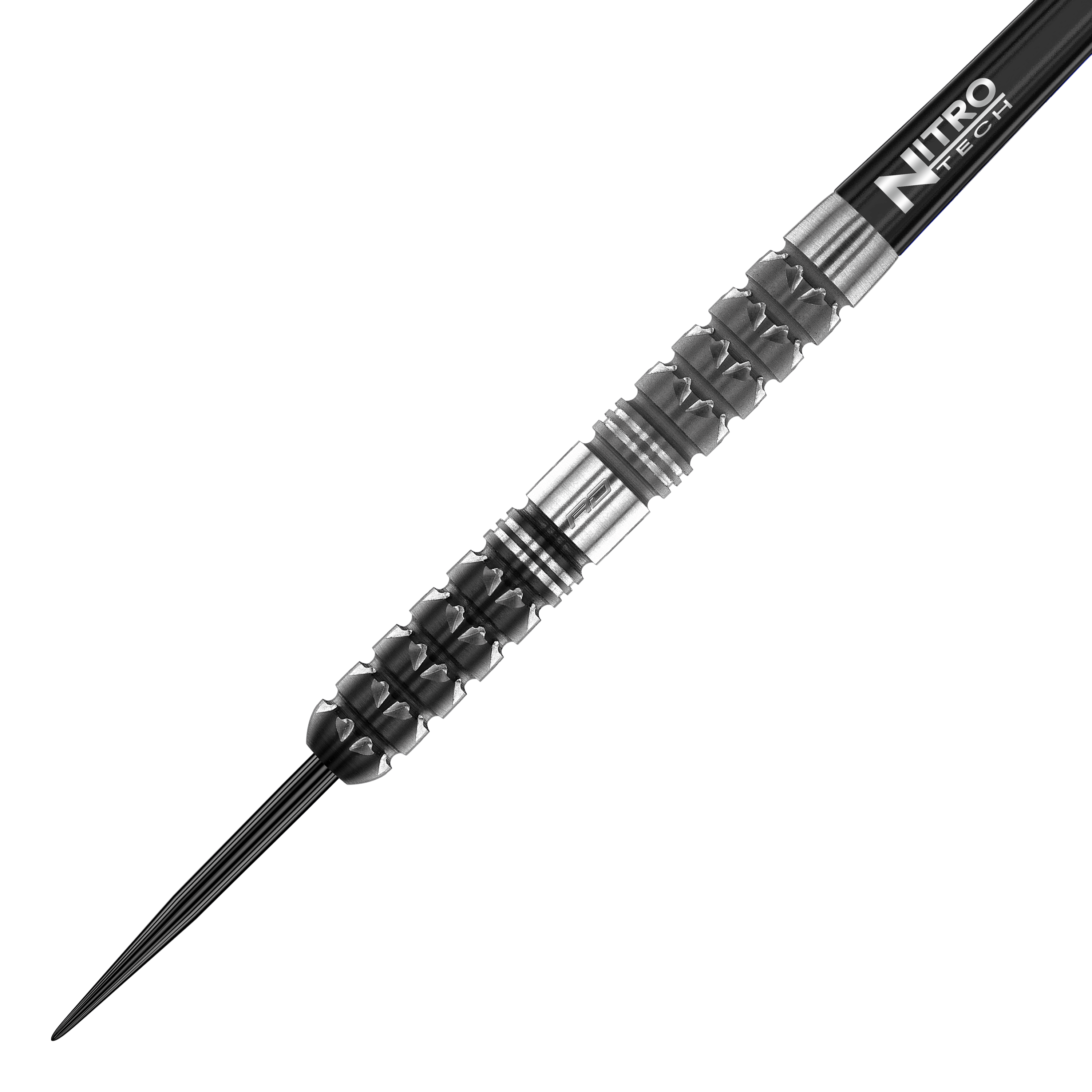 Dardos de acero cónicos Red Dragon Paradym Auf dem Bild ist ein Red Dragon Paradym Tapered Steeldart zu sehen. Der Dart hat ein schwarz-silbernes, strukturiertes Griffstück und eine spitze Metallspitze.