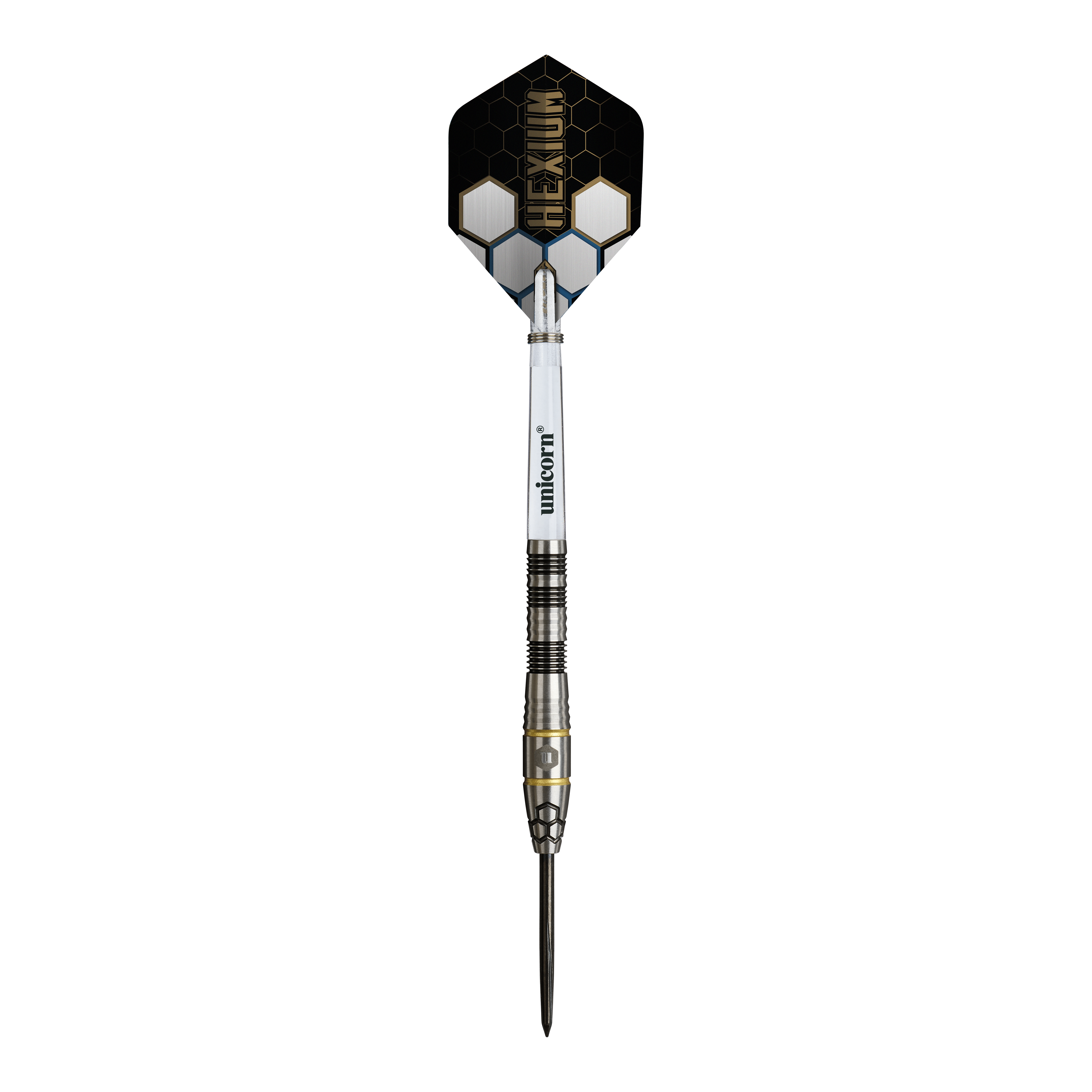 Unicorn Hexium Style 01 Black & Gold Steeldarts Dieses Bild zeigt die Unicorn Hexium Style 01 Black & Gold Steeldarts. Die Steeldarts sind in den Farben Schwarz und Gold gestaltet.