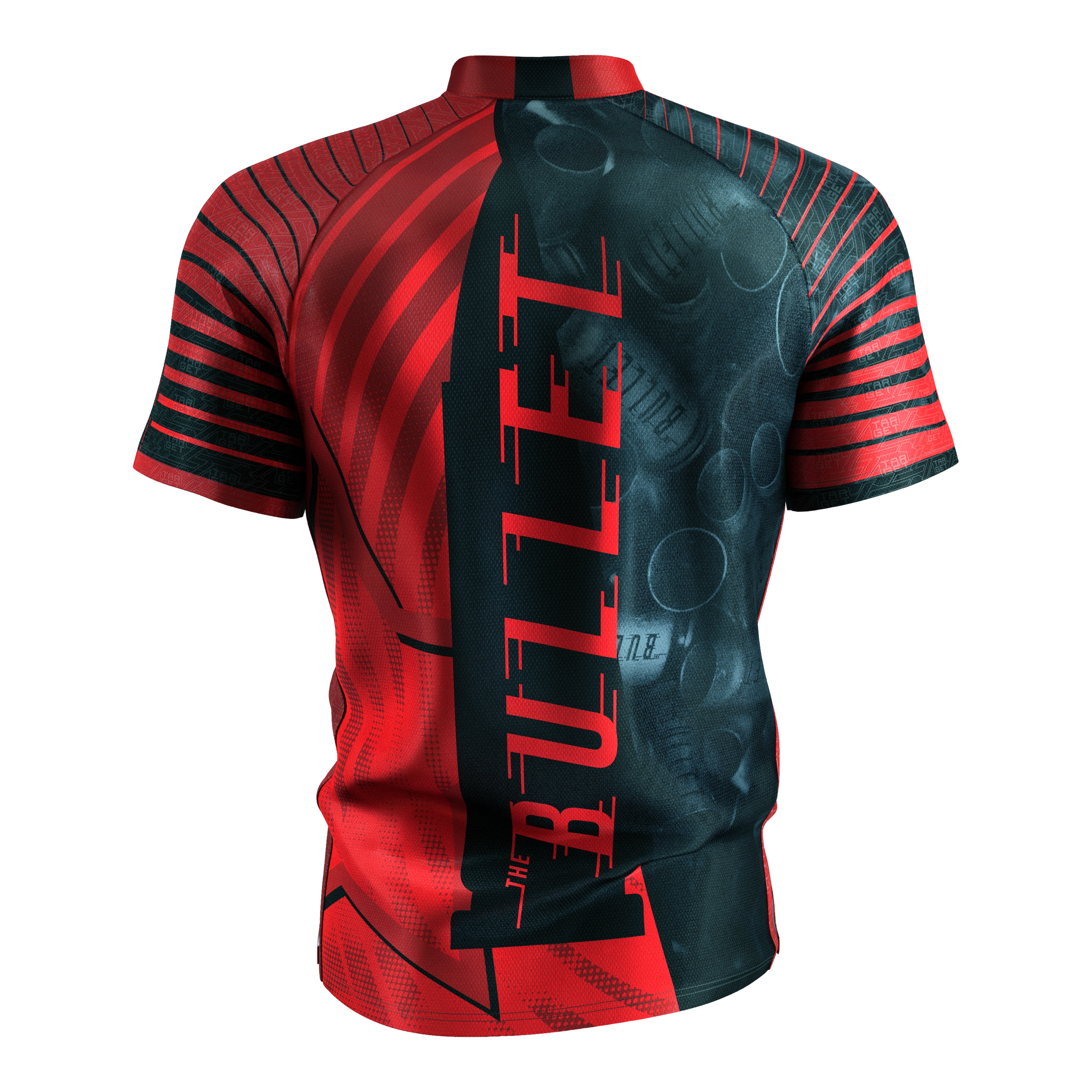 Maillot de fléchettes Target Coolplay Stephen Bunting 2025 Das Bild zeigt das "Target Coolplay Stephen Bunting 2025 Dartshirt" von hinten. Das Shirt ist überwiegend rot und schwarz und trägt den Schriftzug "THE BULLET" auf dem Rücken.