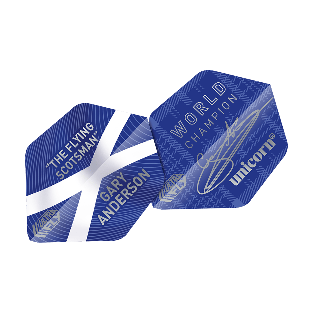 UN17_69041_Unicorn_UltraFly75_Gary_Anderson_World_Champion_AR2_Flights_2 Das Bild zeigt zwei blaue Dart-Flights mit weißem Kreuz und der Aufschrift „THE FLYING SCOTSMAN GARY ANDERSON“. Auf dem anderen Flight stehen „WORLD CHAMPION“, eine Unterschrift und das Markenzeichen „unicorn“.