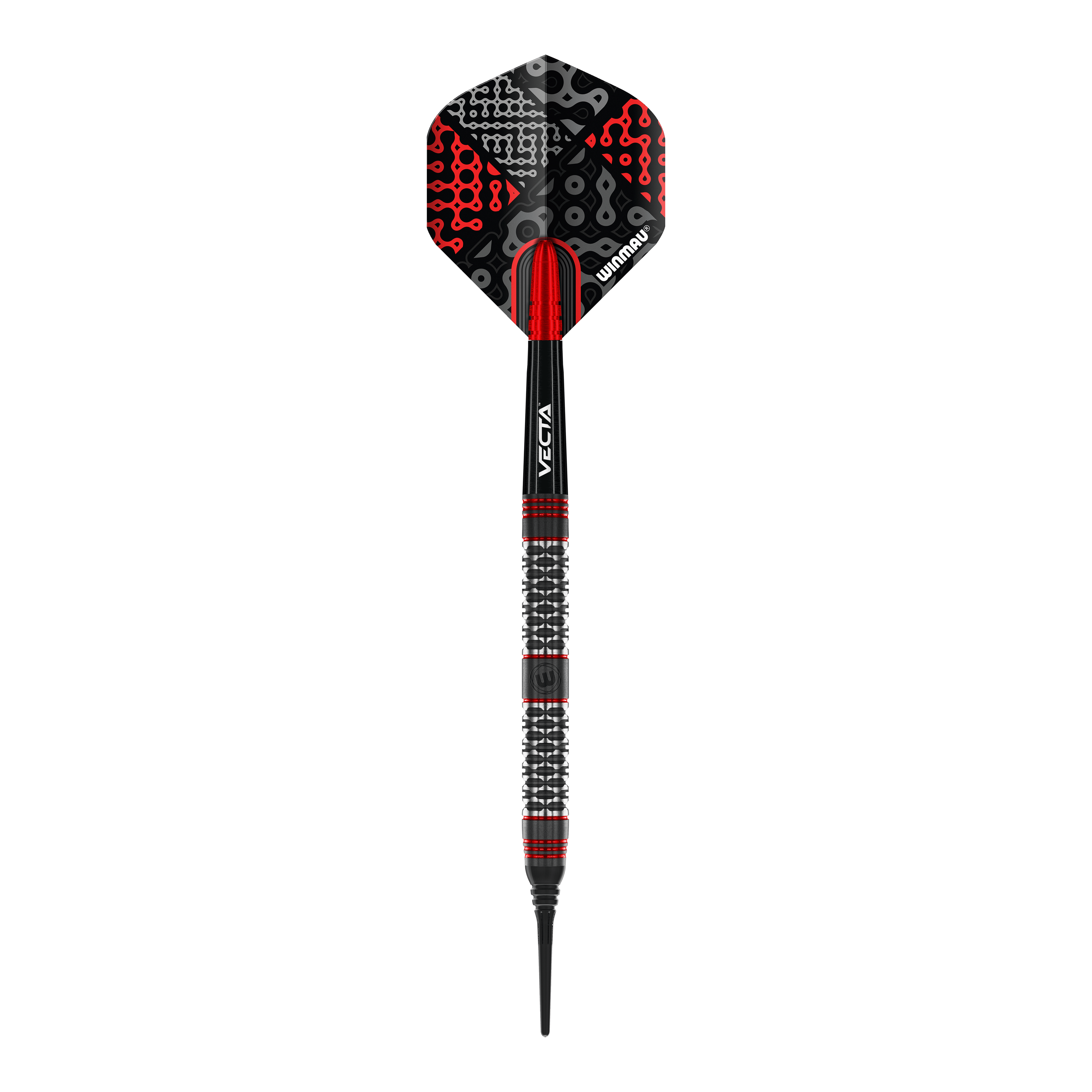 Dardos blandos Winmau Cypher - 20 g Das Bild zeigt einen Winmau Cypher Softdart mit einem Gewicht von 20 Gramm. Der Dart hat ein modernes Design in Schwarz, Rot und Silber.