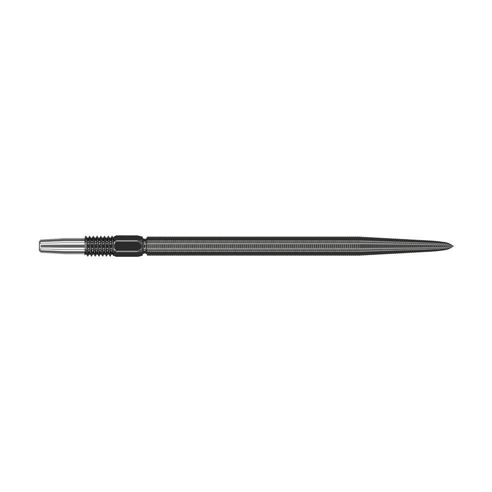 Target Swiss Point Nano Dart Tips - Black Das Bild zeigt eine schwarze Dartspitze mit feiner Riffelung. Sie ist lang und schlank mit einem metallischen Ansatz auf der linken Seite.