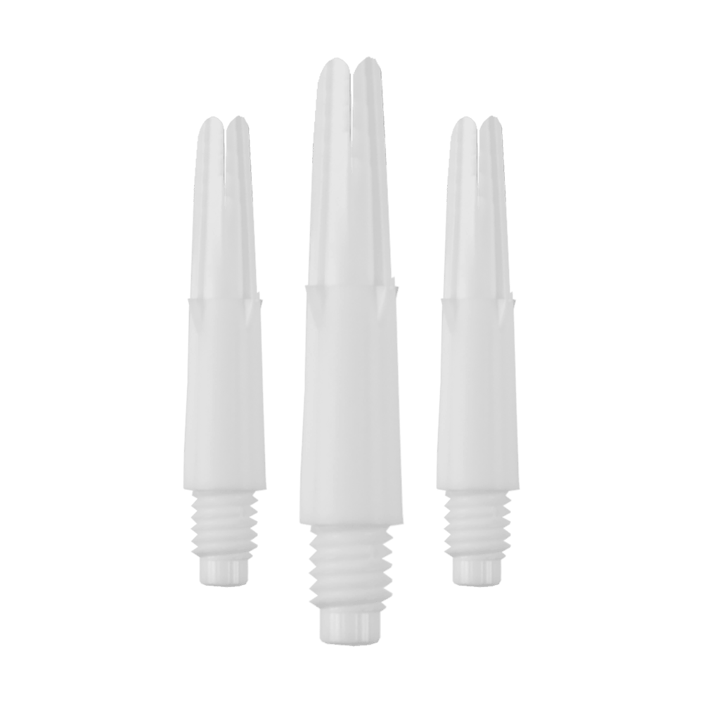 L-L-Style-Shafts Locked Straight - White Das Bild zeigt drei gerade, weiße Dartschäfte mit Gewinde. Sie sind ohne Kappen und in unterschiedlichen Längen angeordnet.