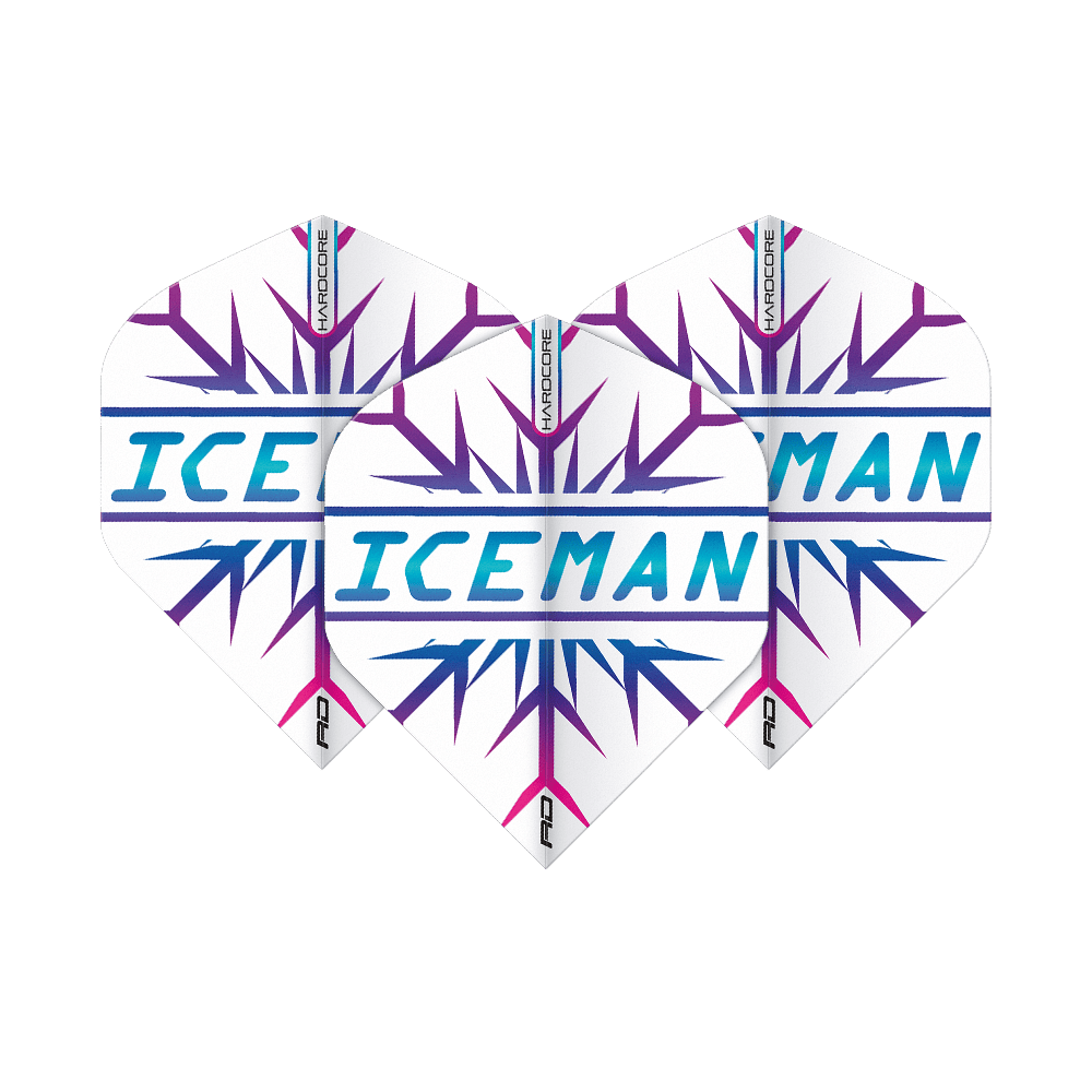 TF6827_Red_Dragon_Hardcore_Gerwyn_Price_Rainbow_Snowflake_Standard_Flights_1BcQU8PL8cdEGo Das Bild zeigt drei Dartflights mit einem weißen Hintergrund und lilafarbenen Schneeflockenmustern. In der Mitte steht in blauen Buchstaben das Wort „ICEMAN“.