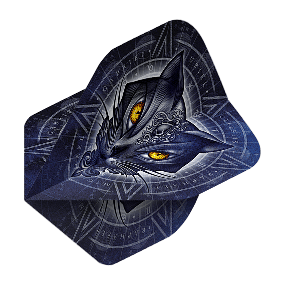 Standardní lety Alchemy Star Of Ailouros No2 Das Bild zeigt das Produkt „Alchemy Star Of Ailouros No2 Standard Flights“. Auf dem Flight ist ein dunkelblaues Katzenmotiv mit leuchtend gelben Augen und mystischen Symbolen abgebildet.