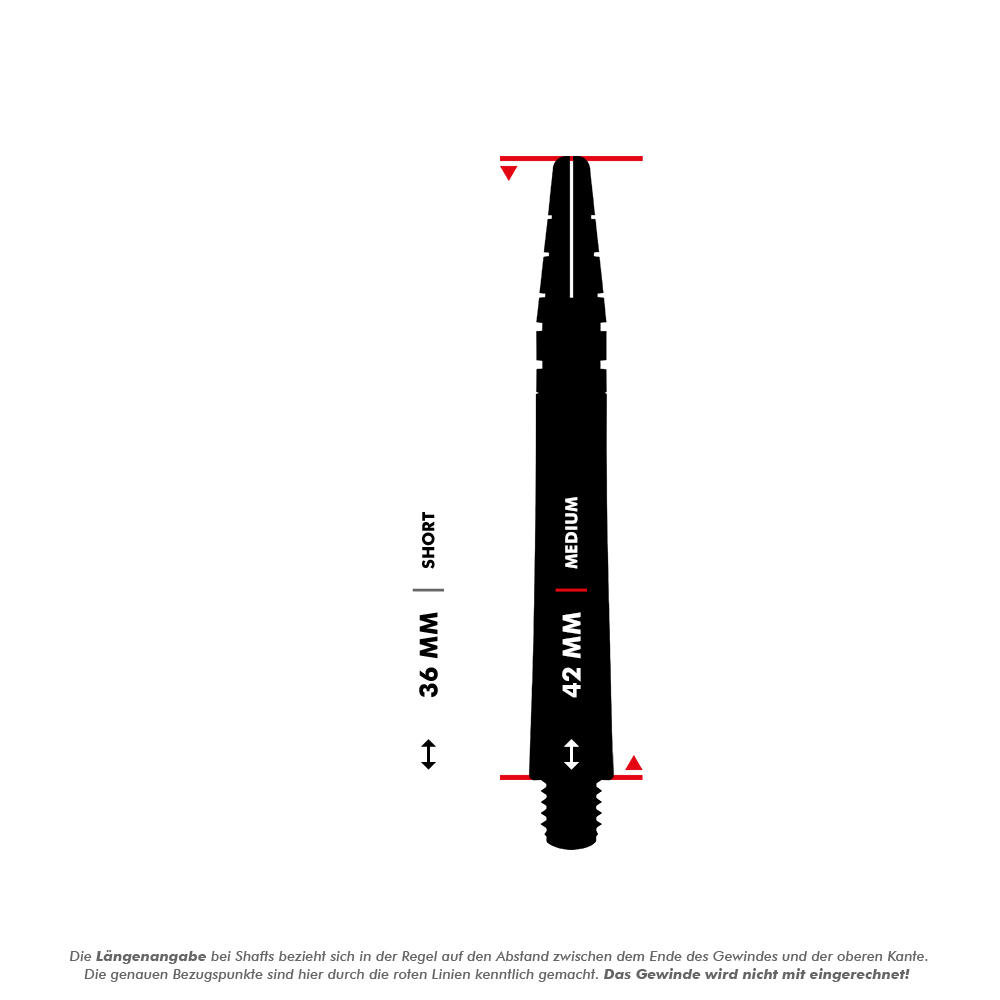 Das Bild zeigt zwei schwarze Dart-Schäfte der Marke Red Dragon Nitrotech Gerwyn Price. Die Schäfte sind in den Längen 36 mm (Short) und 42 mm (Medium) abgebildet.