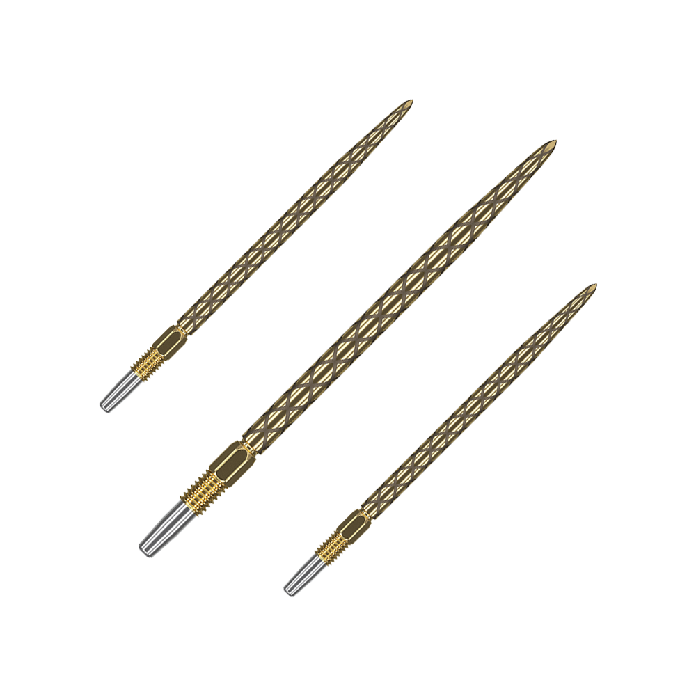Target Swiss Diamond Pro Gold Dartspitzen Das Bild zeigt drei goldfarbene Dartspitzen mit einem diamantähnlichen Muster. Die Spitzen sind schlank und haben eine silberne Befestigung am unteren Ende.