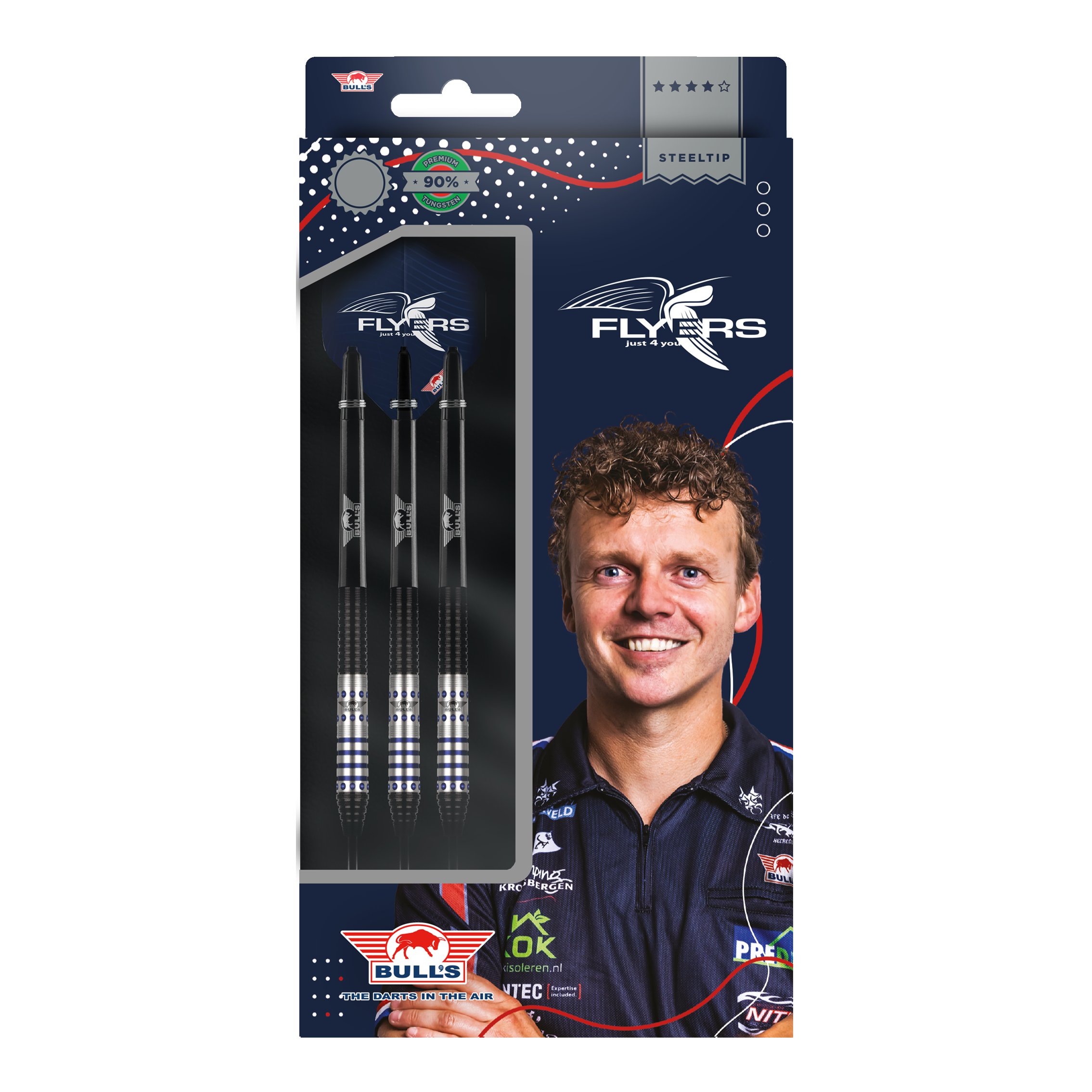 Dardos de acero Bulls NL Richard Veenstra 90 - 23 g Die Abbildung zeigt eine Verpackung der "Bulls NL Richard Veenstra 90 Steeldarts - 23g". Auf der Vorderseite sind drei Steeldarts und das Bild eines lächelnden Mannes abgebildet.