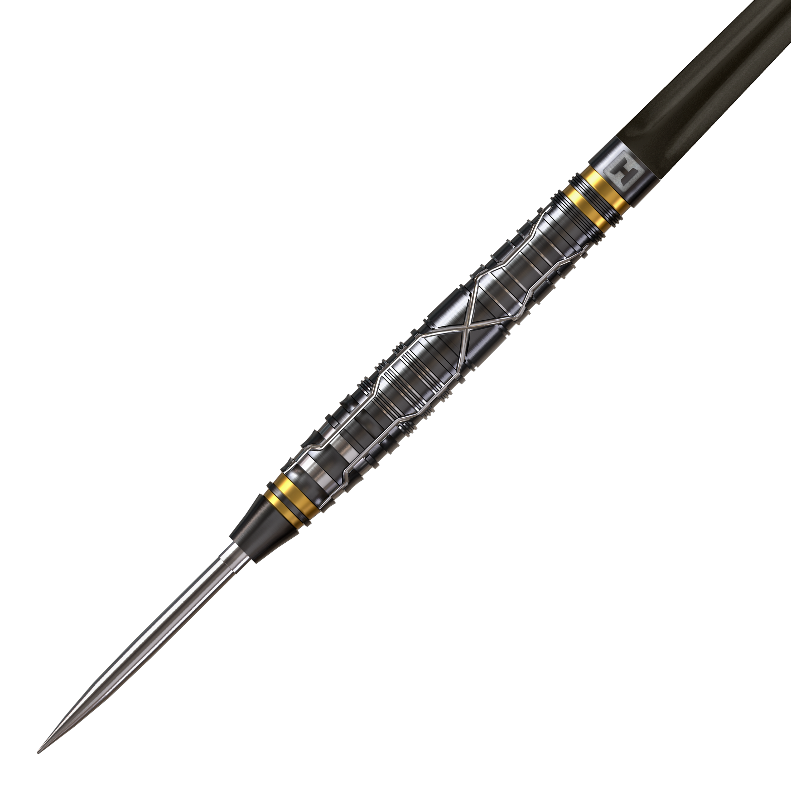 Ein Steeldart ist im Profil gezeigt. Die Spitze und der Schaft sind gut sichtbar.
