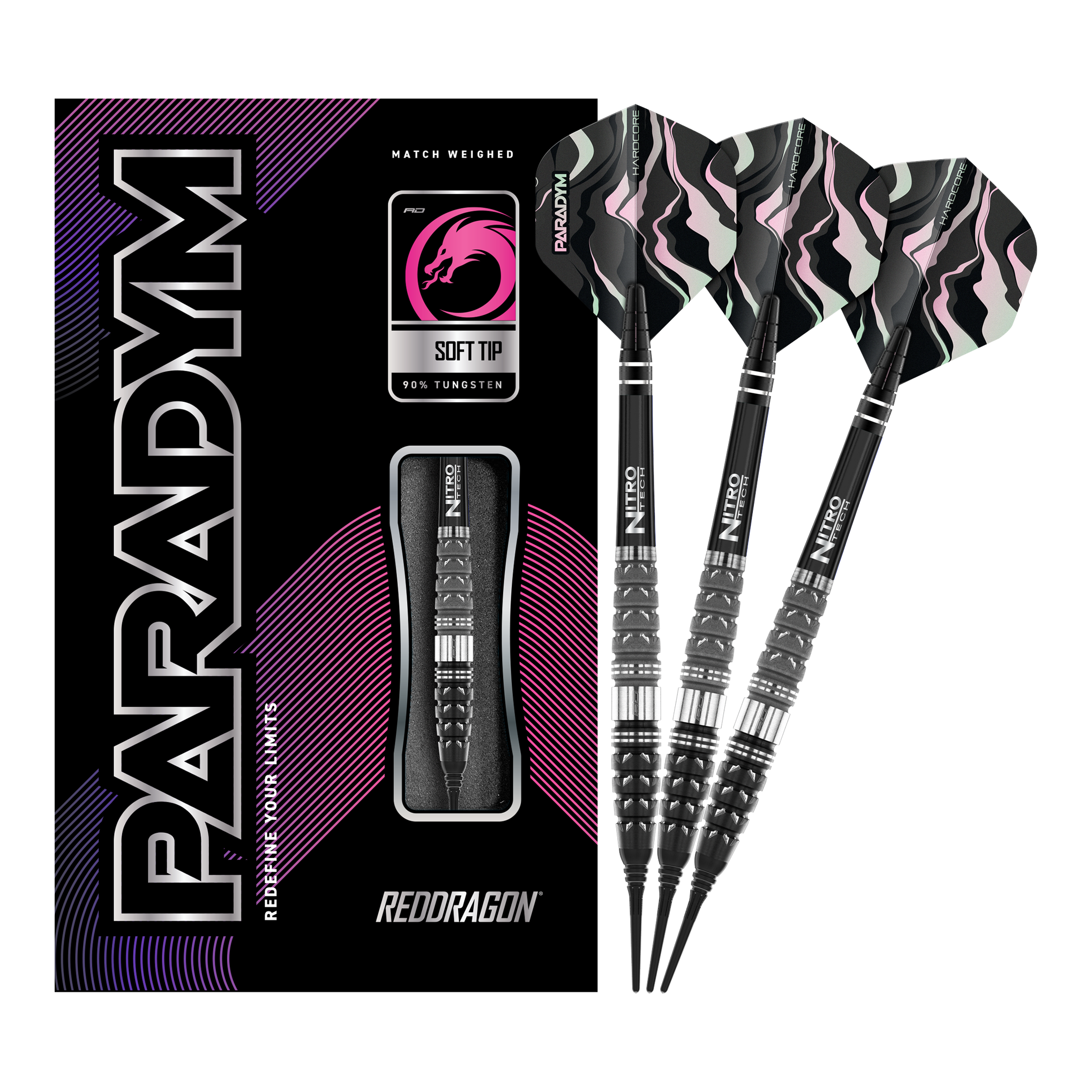 Dardos blandos Red Dragon Paradym Torpedo - 20 g Auf dem Bild sind die Red Dragon Paradym Torpedo Softdarts mit 20 Gramm Gewicht zu sehen. Die Verpackung und drei Darts mit schwarz-silbernen Spitzen und auffälligen Flights sind abgebildet.