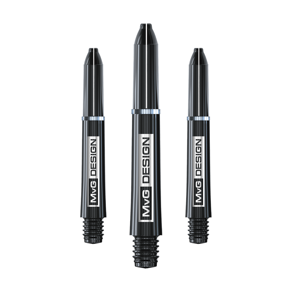 7100_Winmau_MvG_Signature_Black_Nylon_Shafts_35mm_1Yp7OZWZ96oxA5 Das Bild zeigt drei schwarze Dartschäfte mit der Aufschrift „MvG DESIGN“. Es handelt sich um die Winmau Nylon Ring Grip MvG Design Black Shafts.