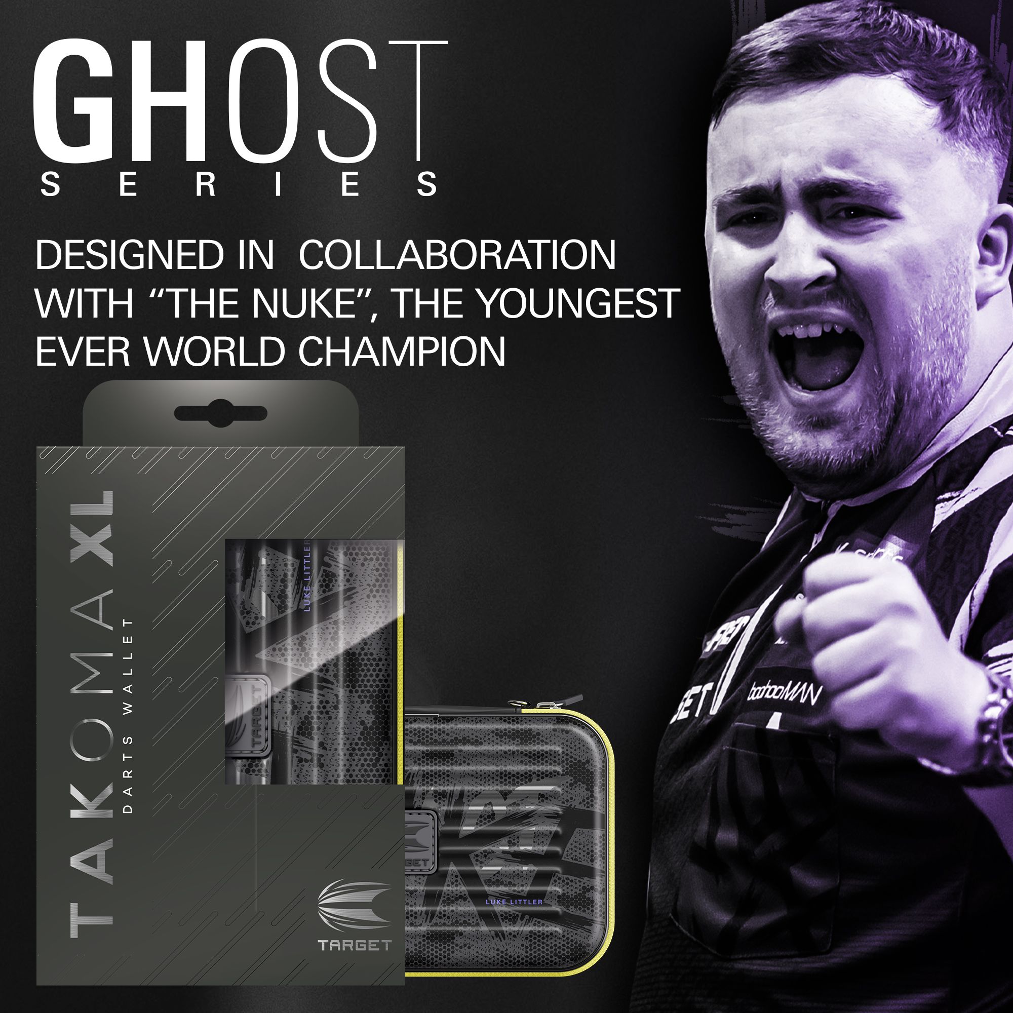 Zu sehen ist das Takoma XL Ghost Series Luke Littler Dartcase. Das Dartcase ist modern gestaltet und dient zur Aufbewahrung von Darts.