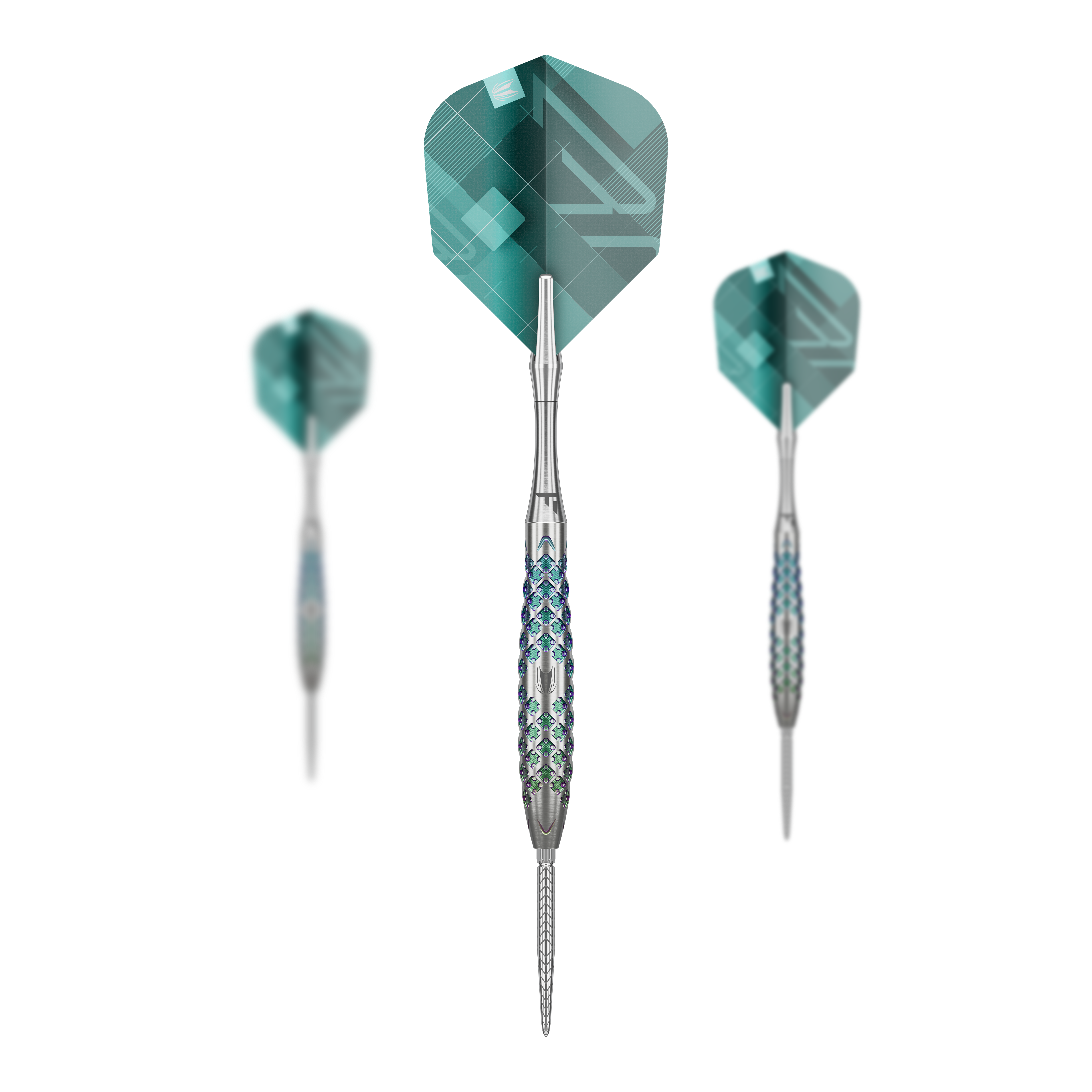Dardos de acero Target Rove 02 Swiss Point Das Bild zeigt drei Steeldarts des Modells "Target Rove 02 Swiss Point". Die Darts haben silberne Barrels mit blauen Akzenten und grüne Flights mit geometrischem Muster.
