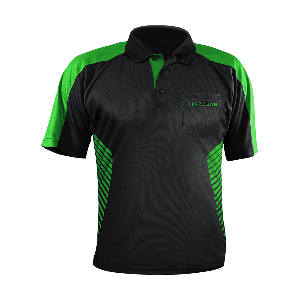 17492-Harrows-Vivid-Dartshirt-Black-Green-1 Das Bild zeigt ein schwarzes Dartshirt mit grünen Akzenten von Harrows. Auf der Brusttasche steht der Schriftzug "Harrows" in grün.