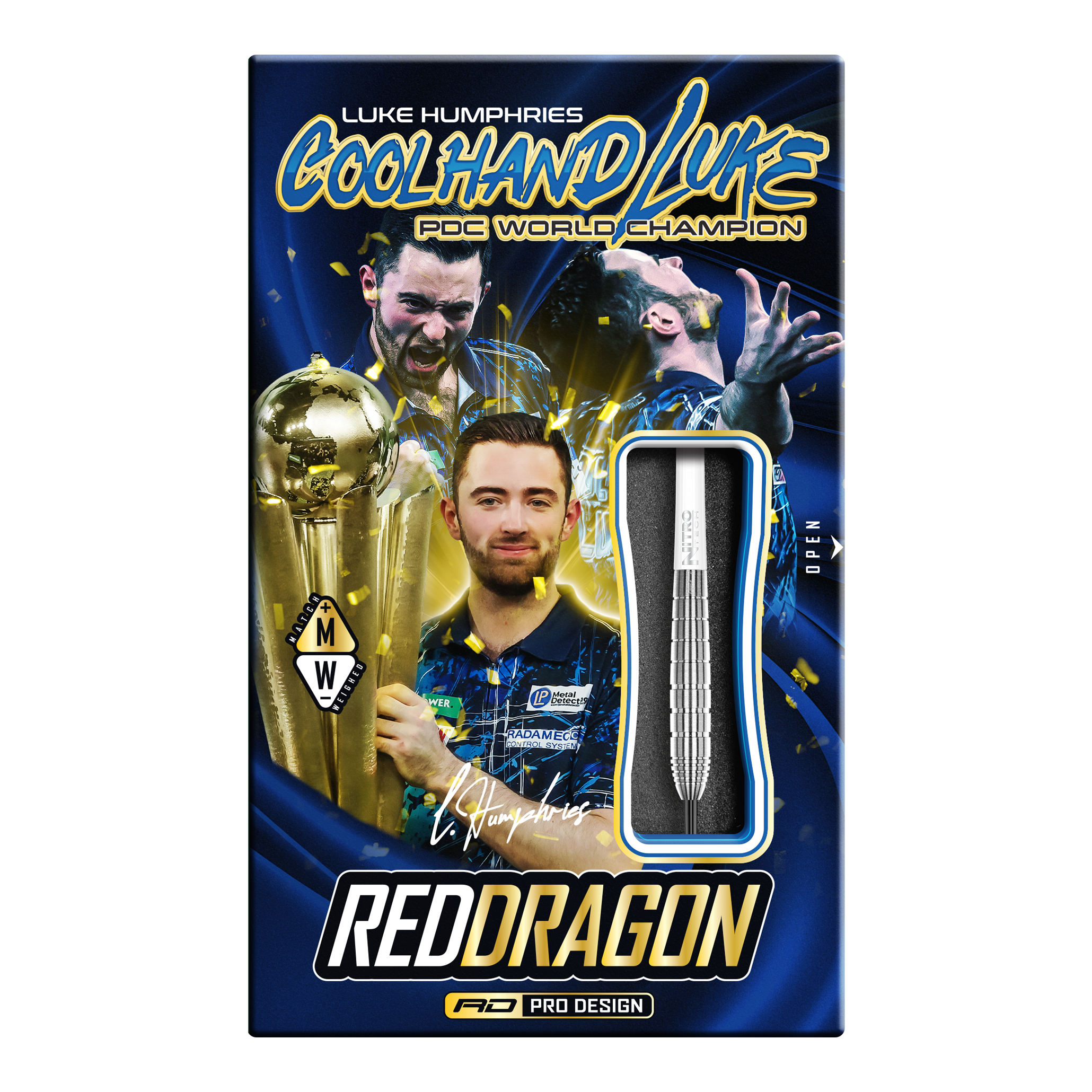 Die Abbildung zeigt die Red Dragon Luke Humphries TX1 Pioneer Steeldarts. Es handelt sich um hochwertige Steeldarts für professionelle Dartspieler.