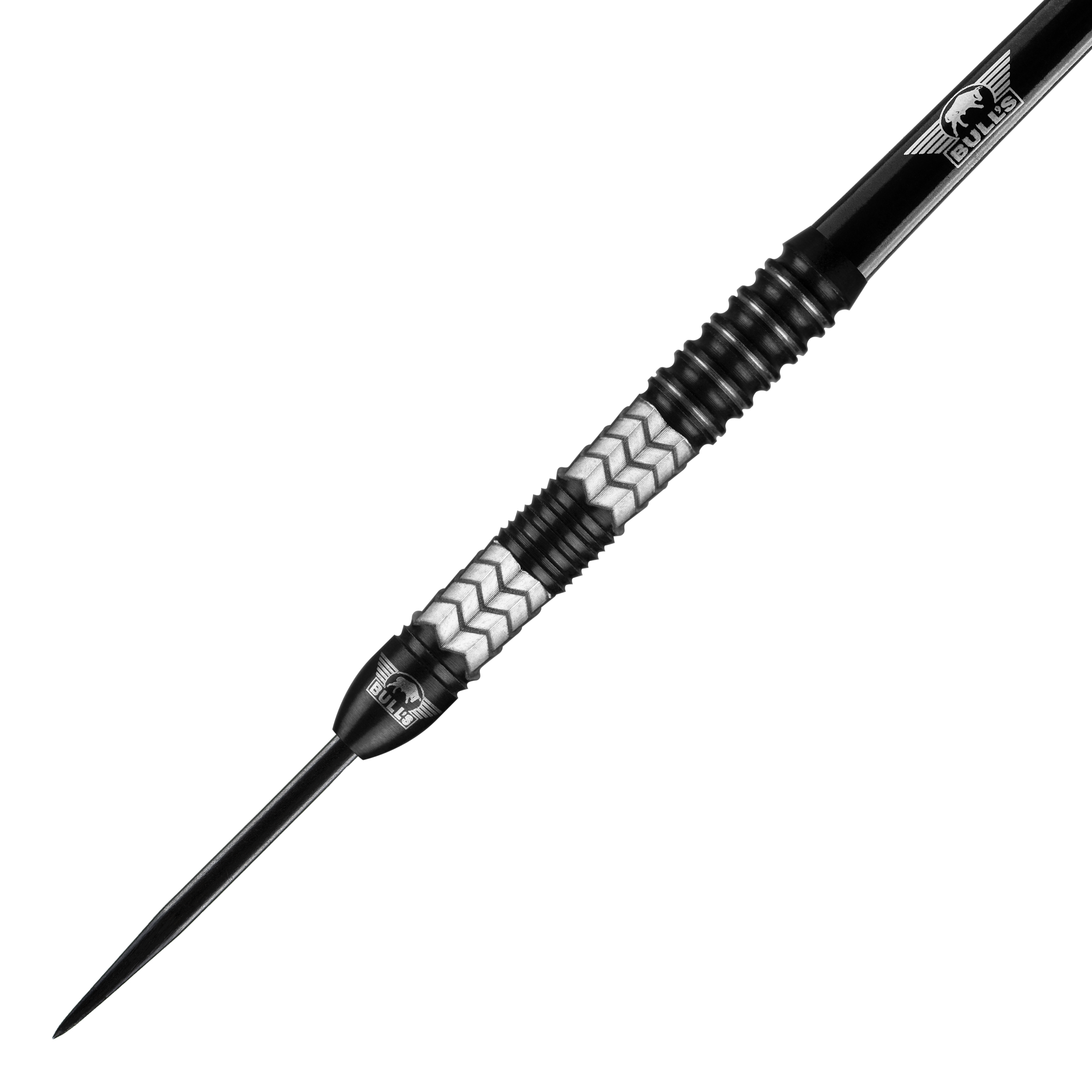 Dardos de acero Bulls NL Luna Triton Das Bild zeigt einen Bulls NL Luna Triton Steeldart. Der Dart hat ein silbernes und schwarzes Design mit einem gezackten Muster am Griff.