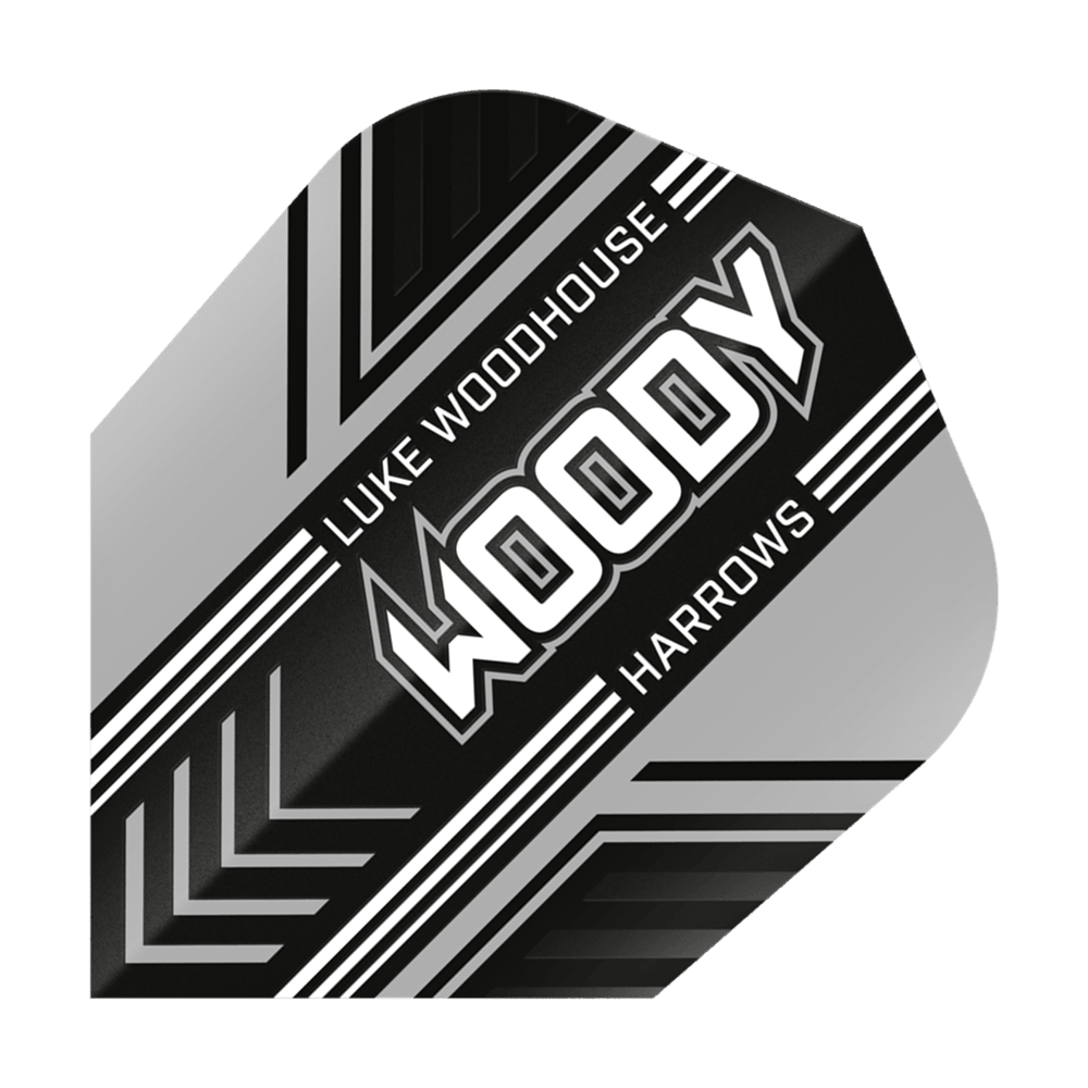 Harrows Prime Luke Woodhouse Woody No6 Lety Das Bild zeigt ein Dartflight mit dem Namen "Harrows Prime Luke Woodhouse Woody No6". Das Design ist schwarz, weiß und silber mit dem Schriftzug "WOODY" in der Mitte.