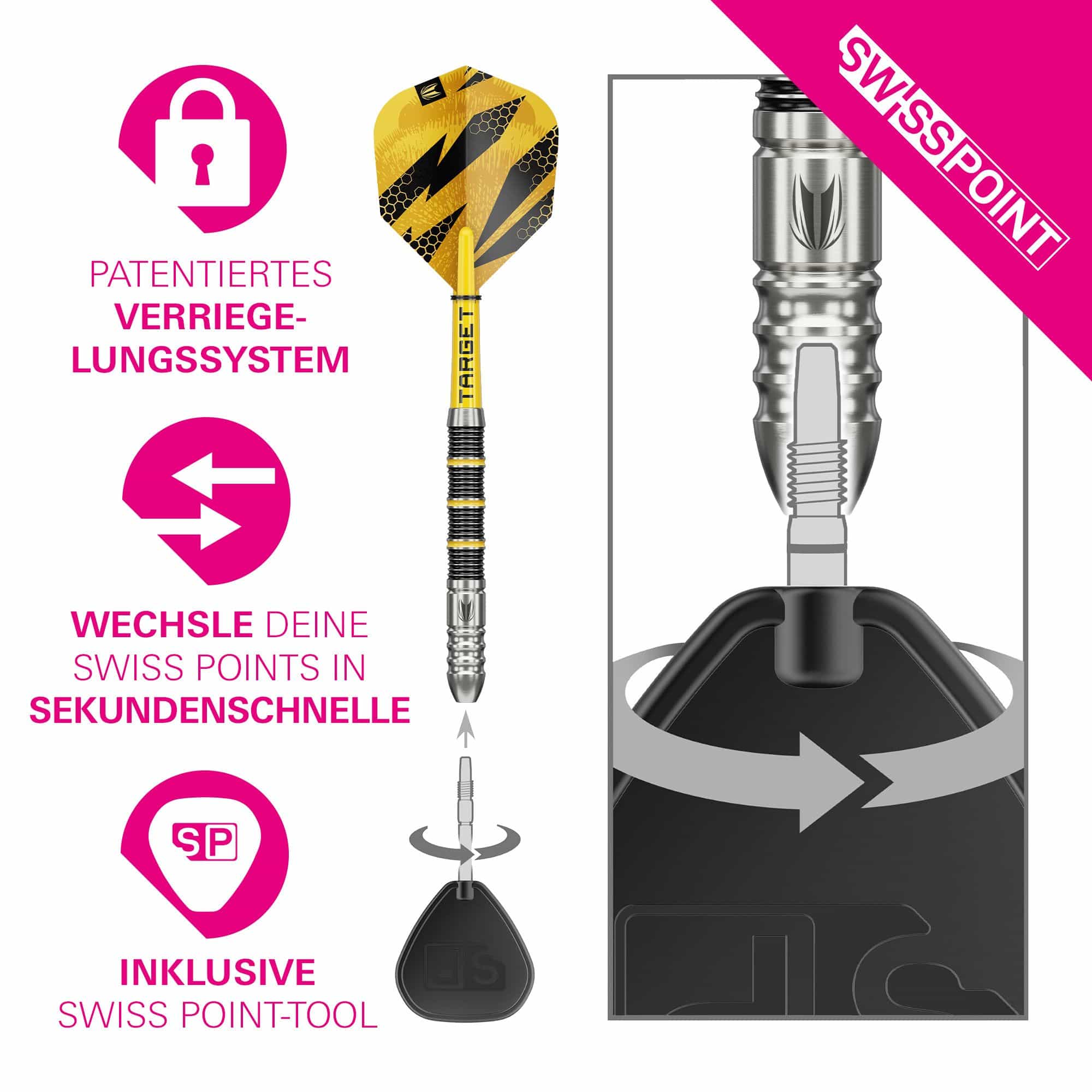 Target Buzz 02 Swiss Points Steeldarts Auf dem Foto sind die Target Buzz 02 Swiss Points Steeldarts zu sehen. Das Produkt wird frontal präsentiert.