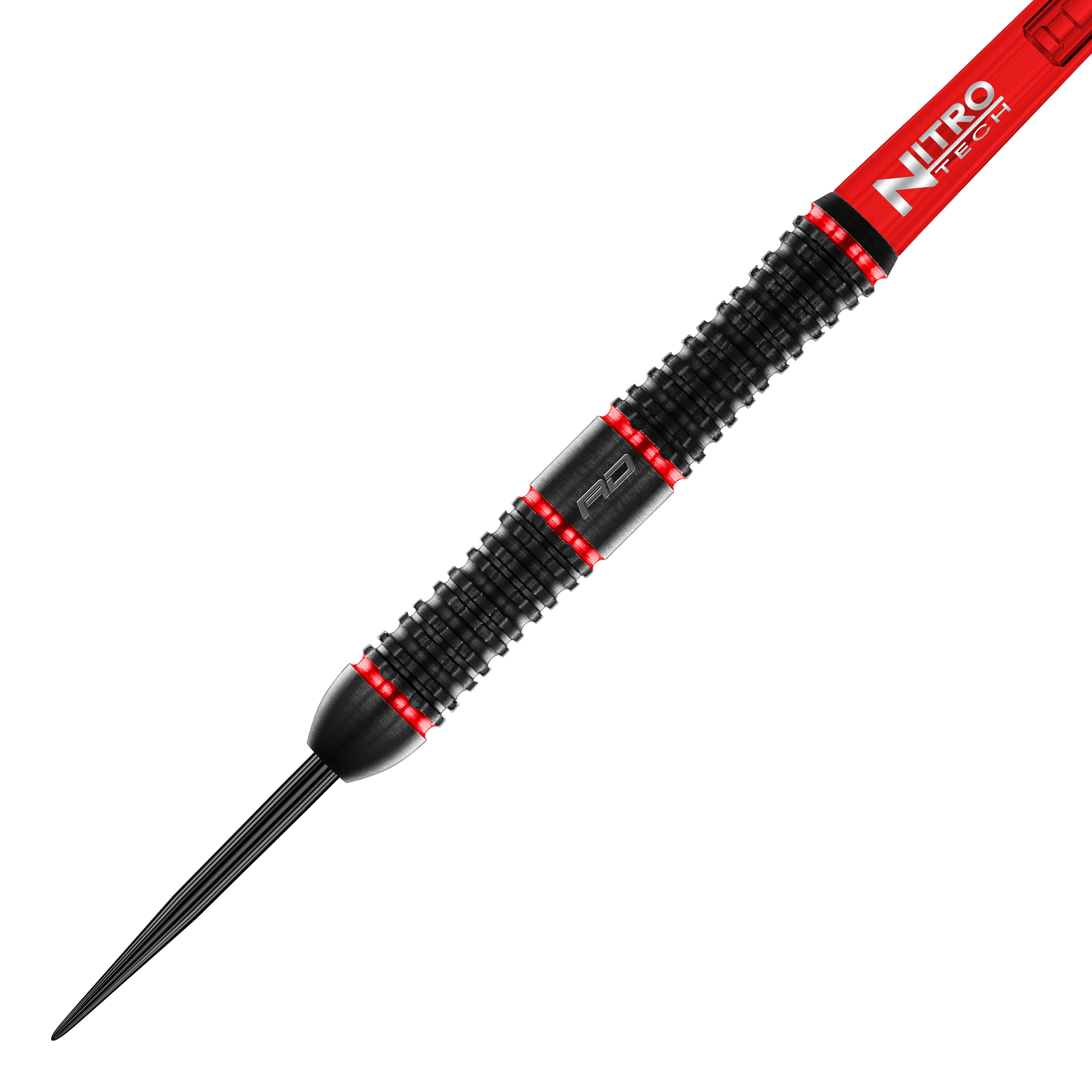 Ocelové šipky Red Dragon Jason Watt - 22g Das Bild zeigt den "Red Dragon Jason Watt Steeldart" mit einem Gewicht von 22 Gramm. Der Dart ist überwiegend schwarz mit roten Akzenten und hat eine geriffelte Griffoberfläche.