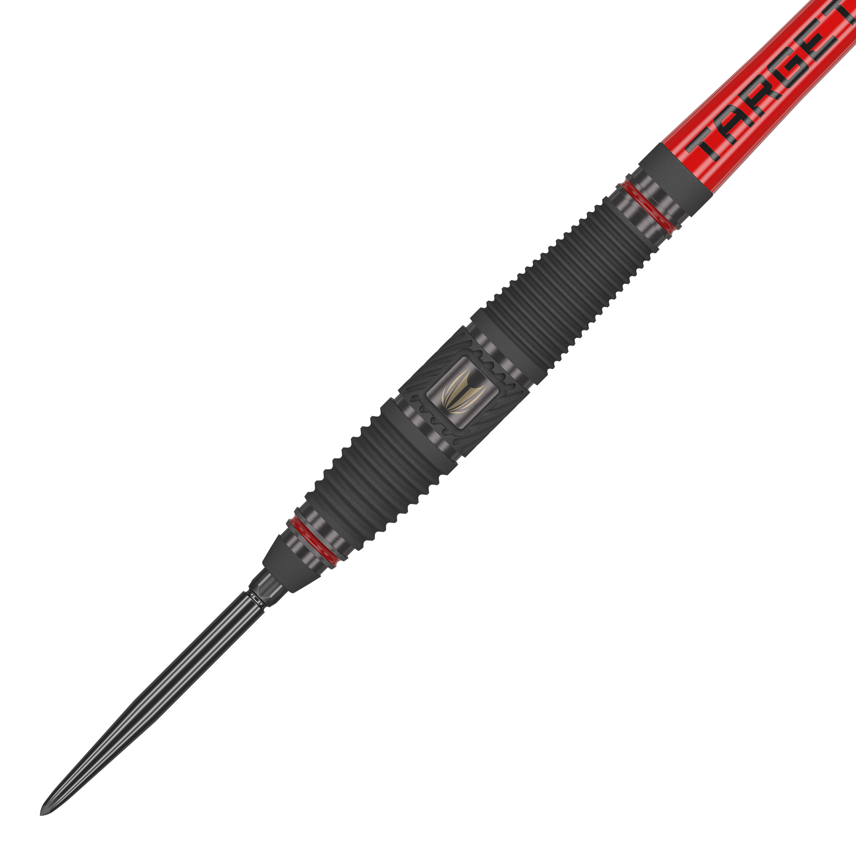 Dardos de acero Target Scope 03 Swiss Point Das Bild zeigt ein Target Scope 03 Swiss Point Steeldart mit schwarzem und rotem Design. Die Oberfläche des Darts ist geriffelt und hat Metallakzente für besseren Halt.