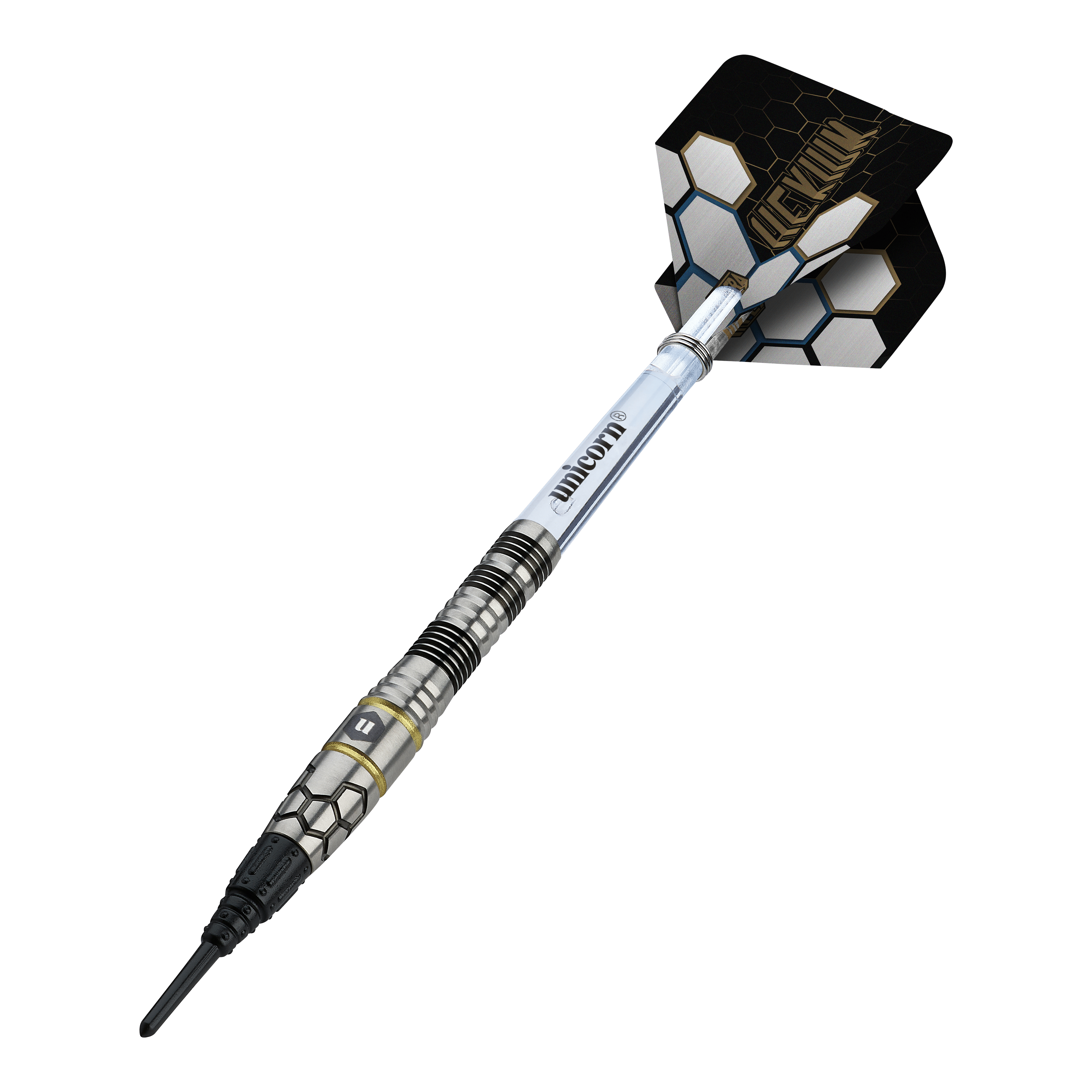 Unicorn Hexium Style 01 Czarno-złote miękkie lotki - 22 g Unicorn Hexium Style 01 Black & Gold Softdarts - 22g ist ein hochwertiger Softdart mit stilvollem Design. Er bietet ausgezeichnete Griffigkeit und ist für anspruchsvolle Spieler geeignet.