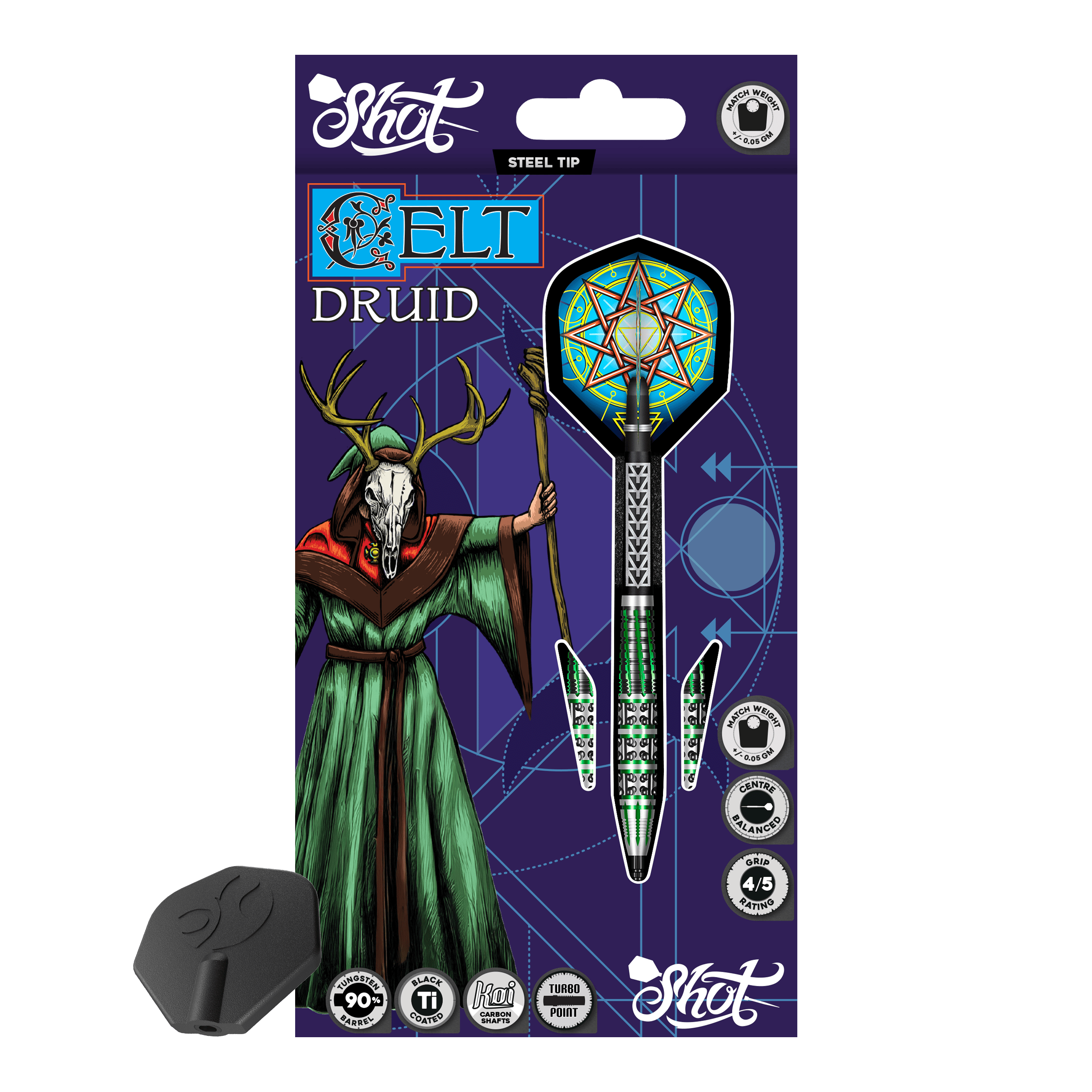 Shot Celt Druid Turbo Point Steeldarts Das Produktfoto zeigt Shot Celt Druid TurboPoints Steeldarts. Die Darts heben sich durch besondere Formen ab.