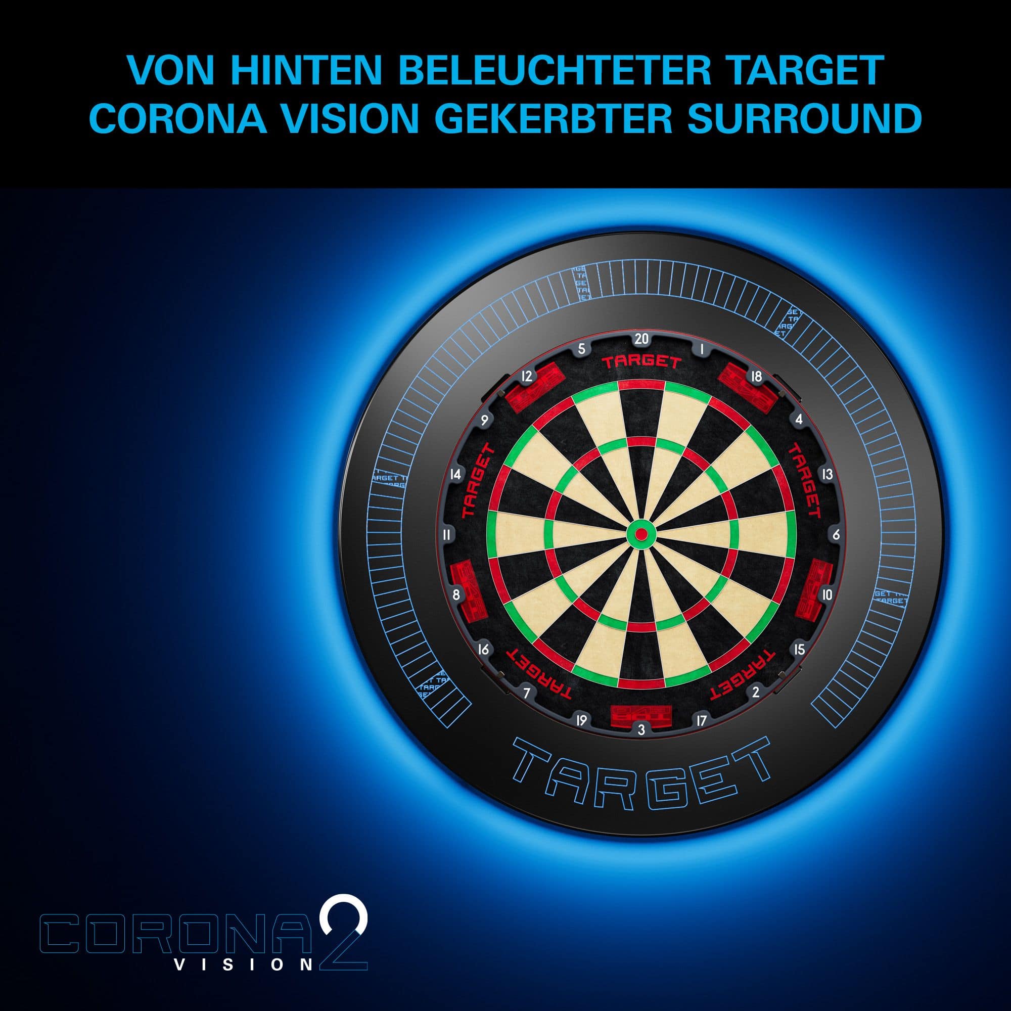Target Corona Vision Notched Dartboard Surround with Lighting Das Bild zeigt das Target Corona Vision Notched Dartboard Surround mit Beleuchtung aus einer anderen Sicht. Details der Ränder sind zu erkennen.