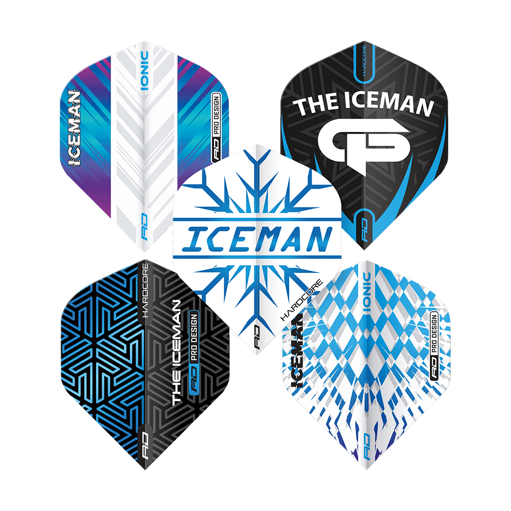 X0799_Red_Dragon_Gerwyn_Price_1_Flight_Card_2 Das Bild zeigt fünf verschieden designte Dart-Flights der Marke Red Dragon, die das Motiv "Iceman" tragen. Die Farben und Muster sind überwiegend in Blau, Schwarz und Weiß gehalten.