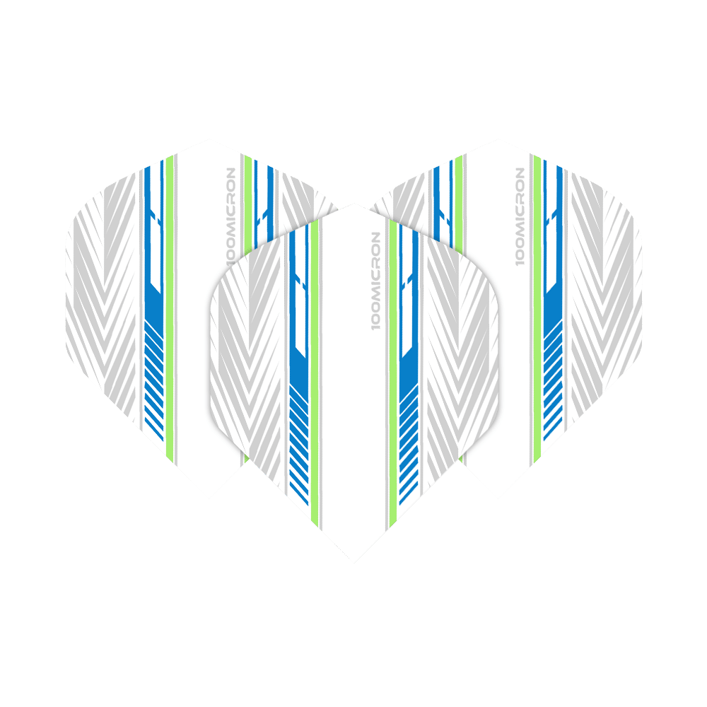 Vuelos de pentatlón blanco/azul/verde Das Bild zeigt die "Pentathlon White Blue Green No2 Standard Flights" mit einem modernen Design in Weiß, Blau und Grün. Die Flights haben ein Muster aus Linien und Pfeilen sowie den Aufdruck "100 MICRON".