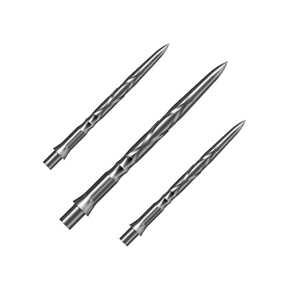 Caliburn System steel dart tips - HAN G2 - Silver Das Bild zeigt drei silberne Steeldartspitzen mit einer gedrehten Oberflächenstruktur. Sie sind spitz zulaufend und für den Einsatz in Dartpfeilen geeignet.