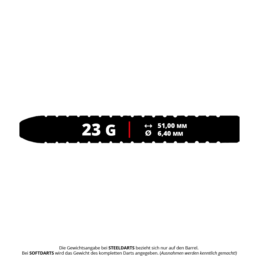 Dynasty Fallon Sherrock 4 S AFlow BK Steeldarts - z autografem - 23g Das Bild zeigt die technischen Daten des Produkts "Dynasty Fallon Sherrock 4 S AFlow BK Steeldarts - Mit Autogramm - 23g". Der Dart wiegt 23 Gramm, ist 51,00 mm lang und hat einen Durchmesser von 6,40 mm.
