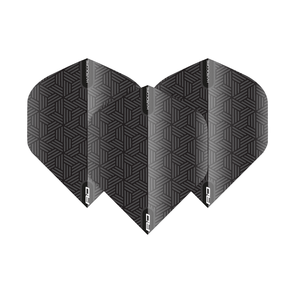 TF6428_Red_Dragon_Hardcore_Black_Standard_Flights_15MA6X0fNlpah8 Das Bild zeigt die Red Dragon Hardcore Black Standard Flights. Sie sind schwarz mit einem geometrischen Muster und weißer Beschriftung.