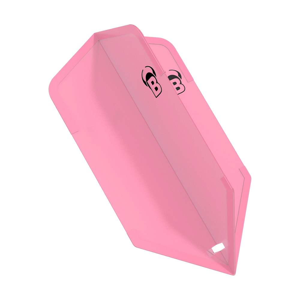 BL50058_Bulls_DragonFlights_Slim_Rosa_1 Das Bild zeigt ein pinkes Dartflügel-Set namens "Bulls DragonFlights Slim". Auf den Flügeln ist ein schwarzes "B" mit Hörnern abgebildet.