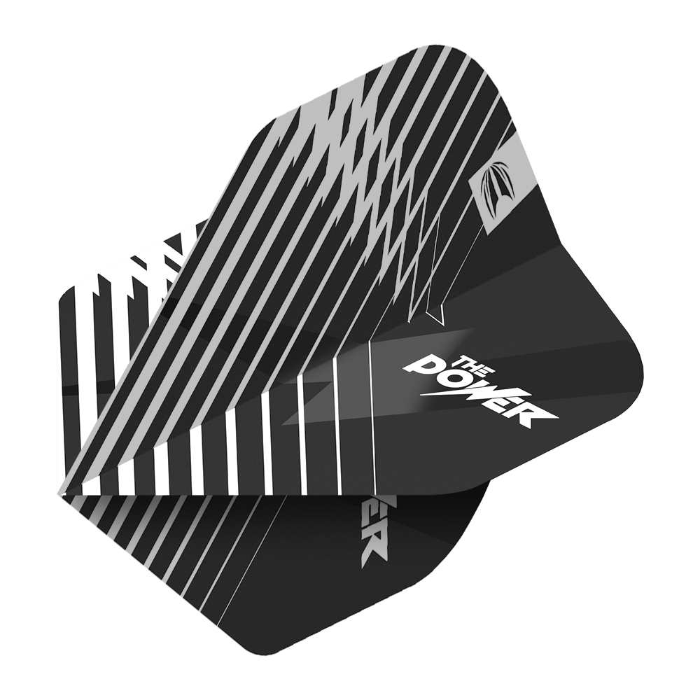 TG94_336740_Target_ProUltra_Phil_Taylor_Black_No2_Standard_Flights_2 Das Bild zeigt die Target ProUltra Phil Taylor Black No2 Standard Flights. Die Flights sind schwarz-weiß gemustert und haben den Aufdruck "The Power".