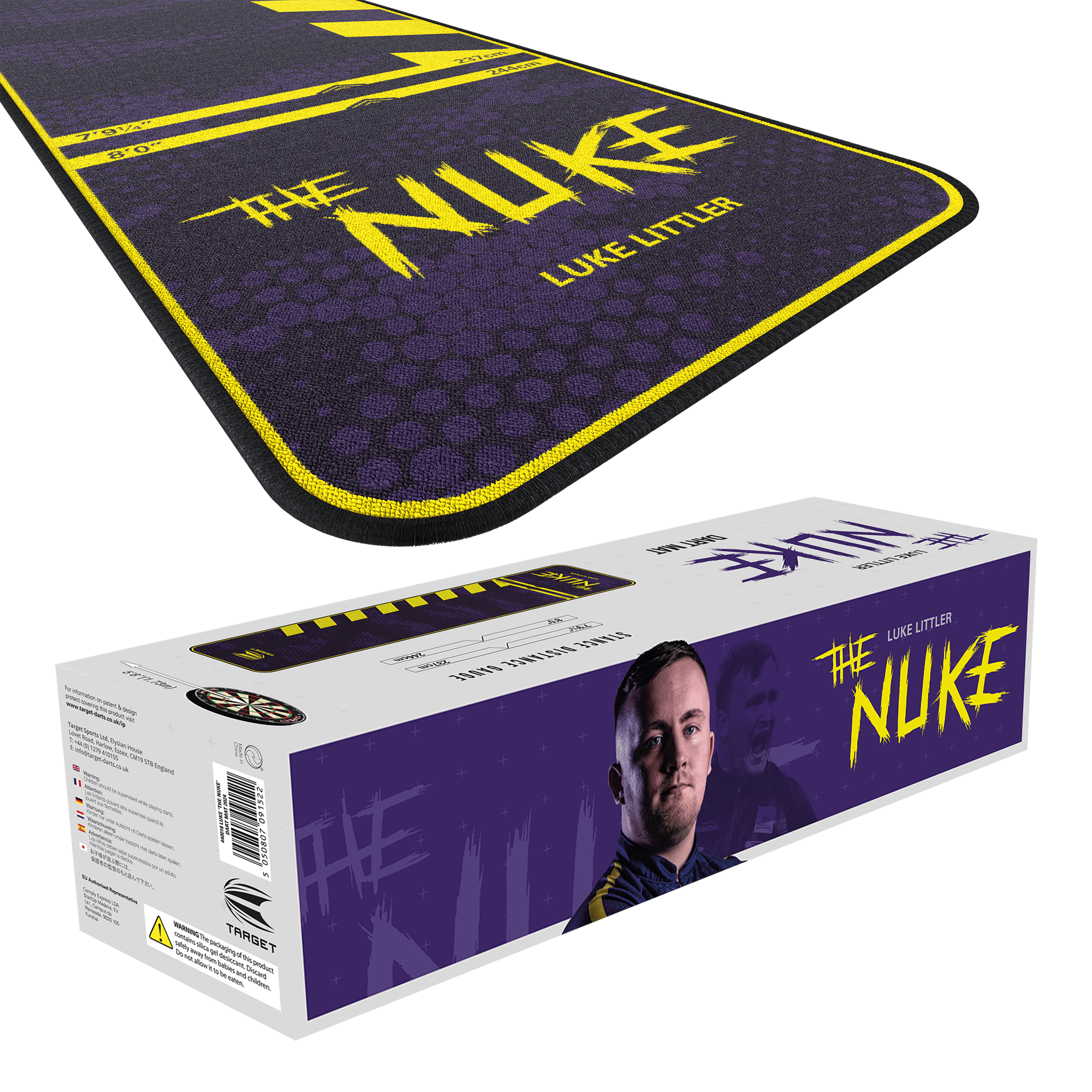 Target Luke Littler The Nuke podložka na šipky Das Bild zeigt den "Target Luke Littler The Nuke Dartteppich" in lila Farbe mit gelben Akzenten. Auf der Verpackung ist ein Bild von Luke Littler sowie der Produktname zu sehen.