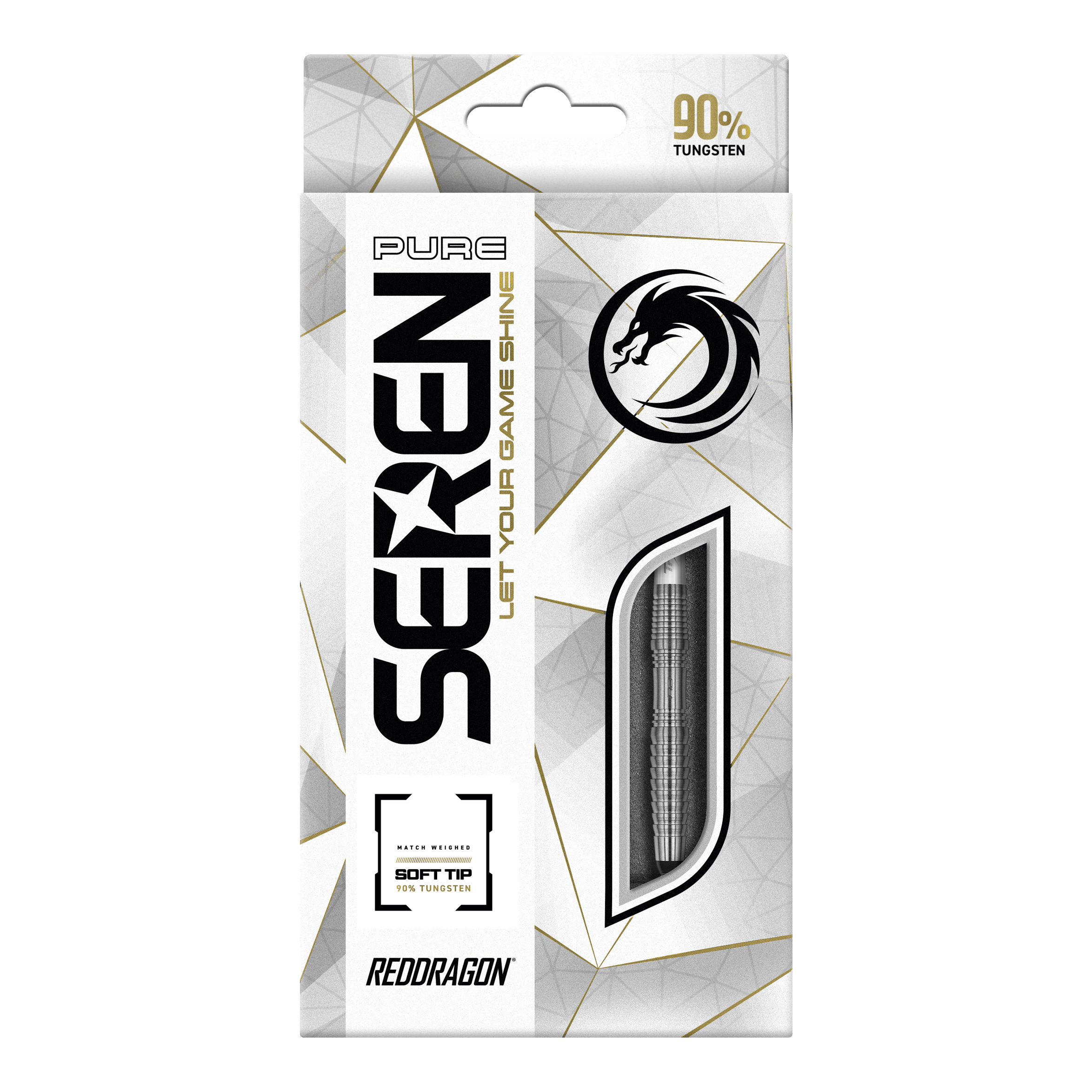 Šipky Red Dragon Seren 3 Pure Softdarts - 20g Die Abbildung zeigt die Verpackung der "Red Dragon Seren 3 Pure Softdarts - 20g". Auf der Vorderseite steht, dass die Darts 90% Tungsten enthalten und für Soft-Tip geeignet sind.