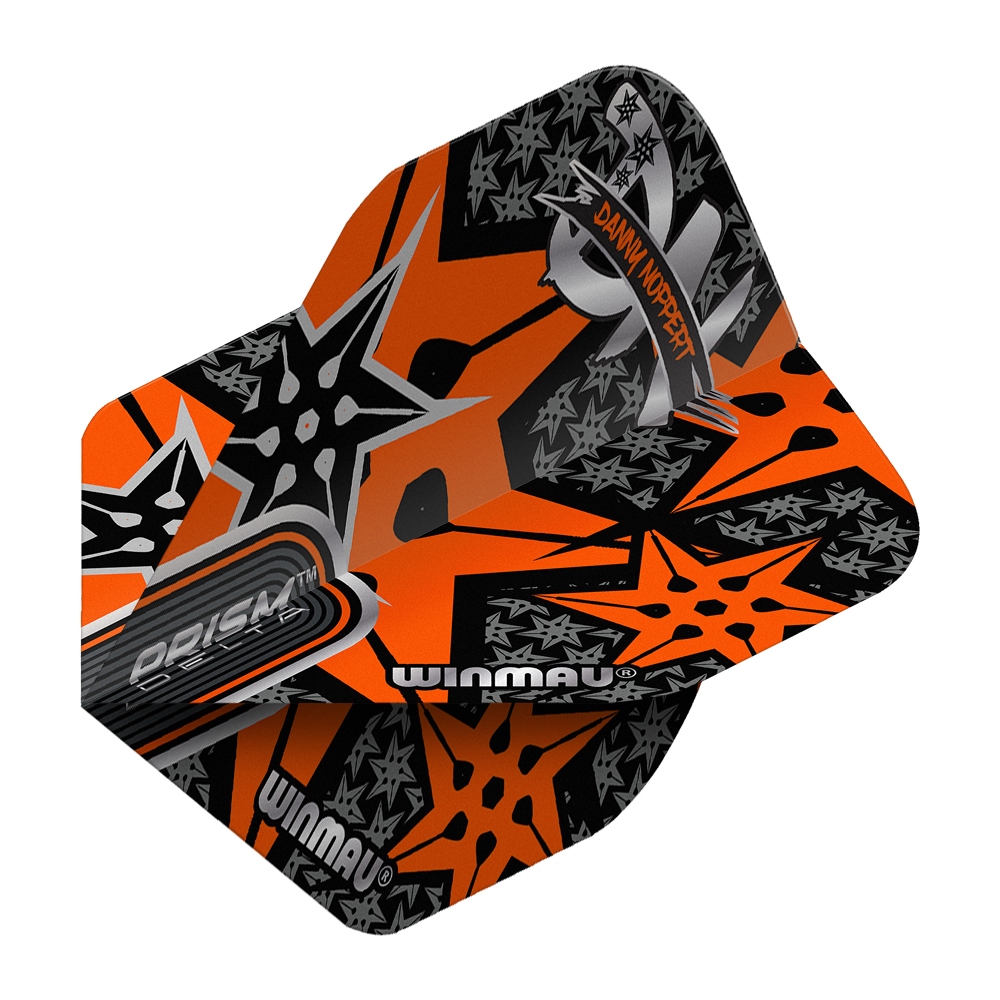 Letky Winmau Prism Delta Danny Noppert Orange Signature No2 Standard Das Bild zeigt ein Winmau Prism Delta Danny Noppert Orange Signature No2 Standard Flight. Das Flight hat ein auffälliges Design in Orange mit schwarzen und silbernen Sternen und dem Namen "Danny Noppert".