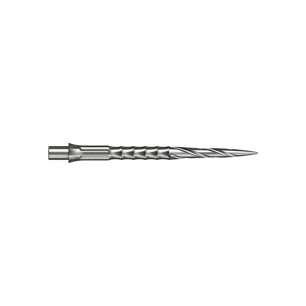 Zwei silberne Steeldartspitzen werden gezeigt. Sie sind 32 mm lang und gehören zum Spiro NoLip Design.
