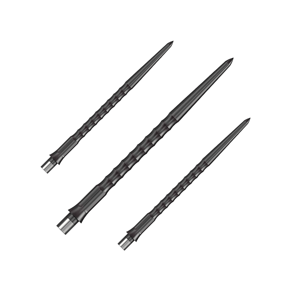 Caliburn System Steeldart Tips - Ripple - NoLip - Black Das Foto zeigt ein Set schwarzer Caliburn Evo System Steeldartspitzen mit 40 mm Länge. Es sind mehrere Spitzen nebeneinander abgebildet.