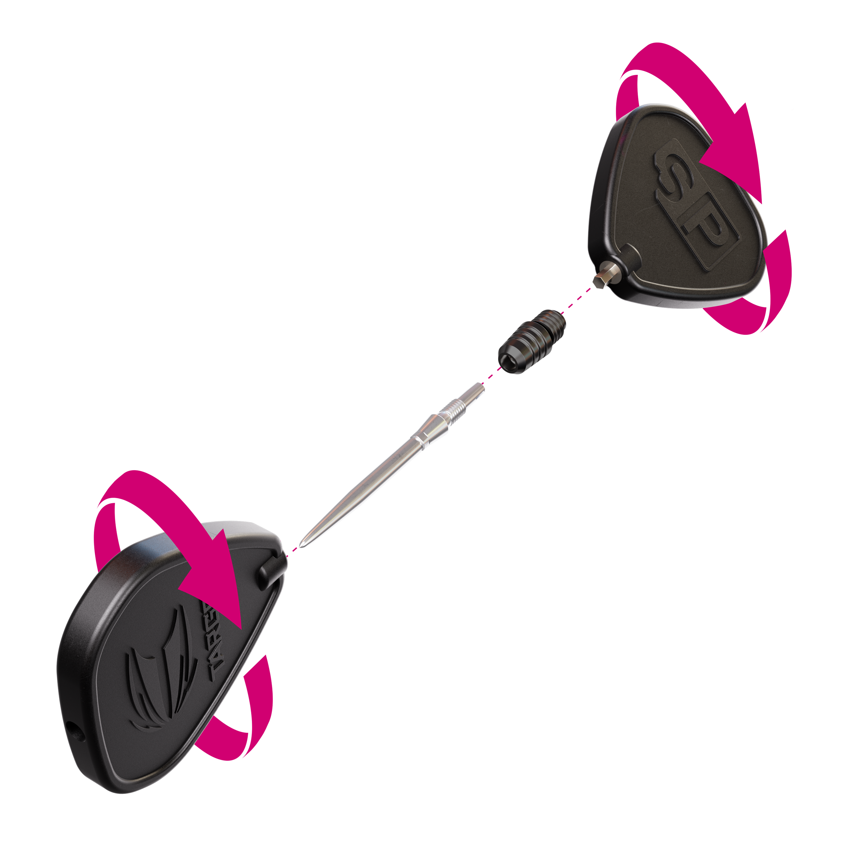 Convertisseur Target Swiss Point 2BA - Noir Das Bild zeigt den Target Swiss Point 2BA Converter in Schwarz. Zwei schwarze Werkzeuge und ein Converter mit einer Dartspitze sind abgebildet, mit Pfeilen, die eine Drehbewegung anzeigen.