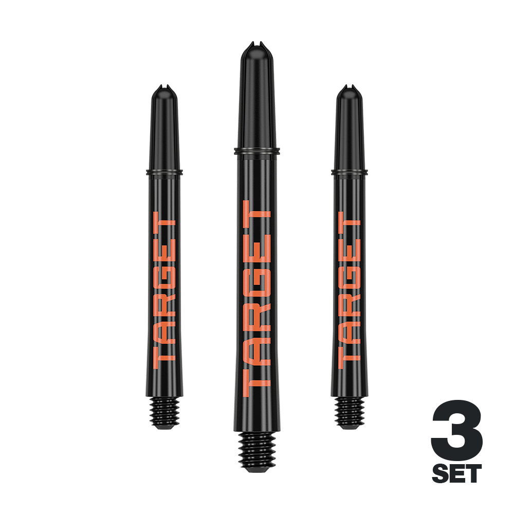 Target Pro Grip TAG Shafts - 3 Sets - Black Orange Das Bild zeigt drei schwarze Dartschäfte mit orangefarbener Aufschrift "TARGET". In der rechten unteren Ecke steht "3 SET".