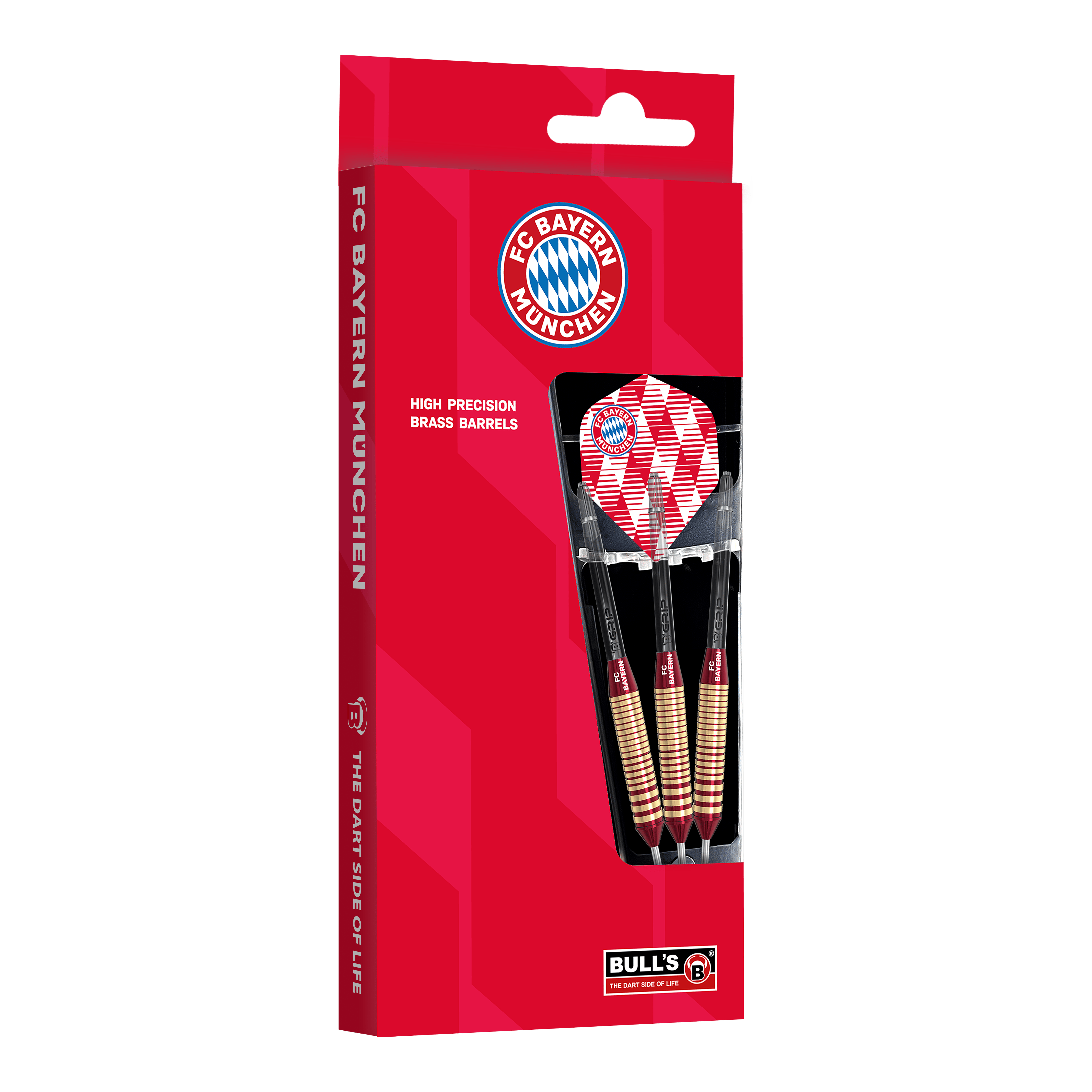 Šipky Bulls FC Bayern Mnichov mosazné ocelové - 21g Das Bild zeigt die Bulls FC Bayern München Brass Steeldarts mit 21 Gramm Gewicht. Die Darts sind im Design des Fußballvereins FC Bayern München gehalten.